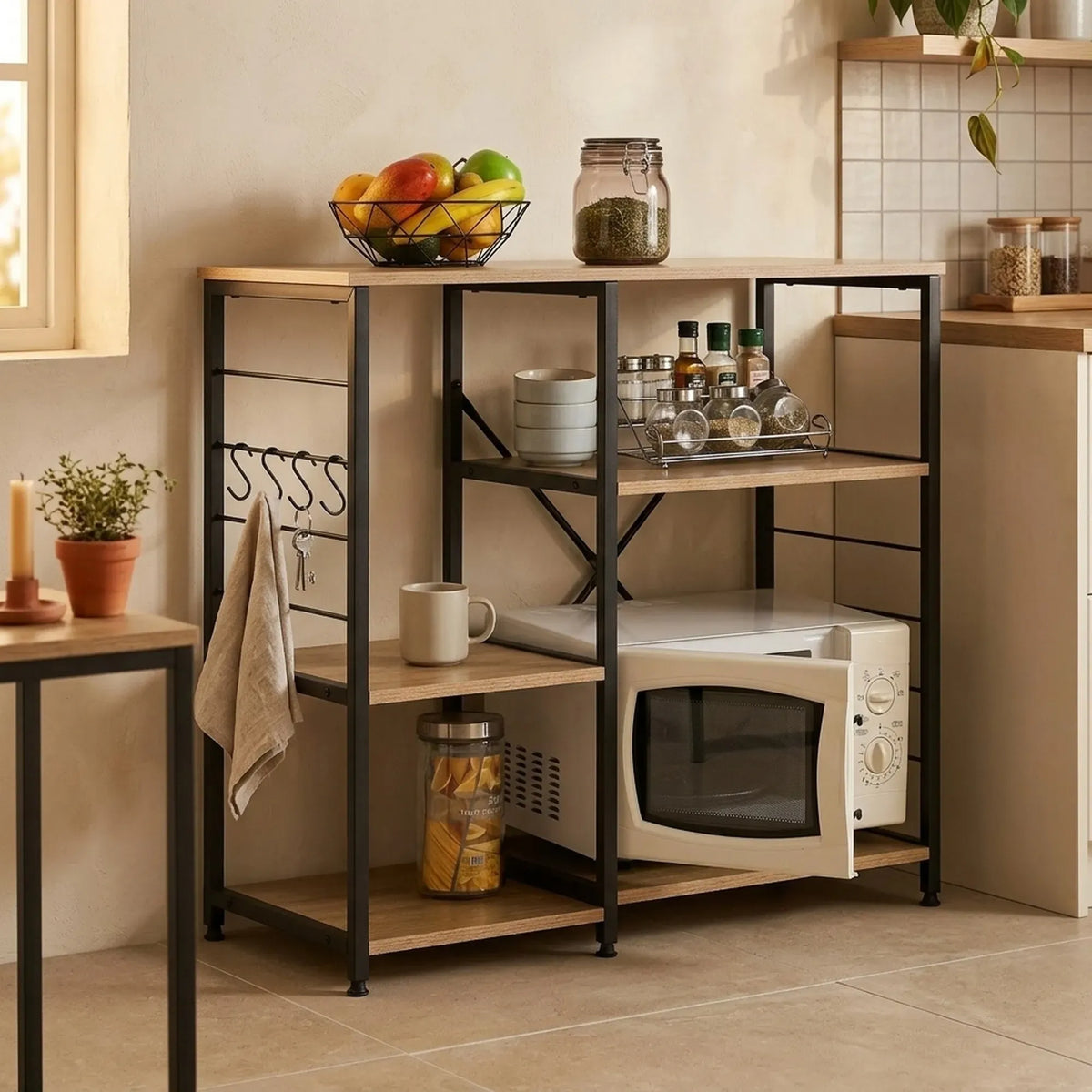Kitchen Baker's Rack 4 Tier - Metal Shelf with Hooks - Brown - Kitchen Rack