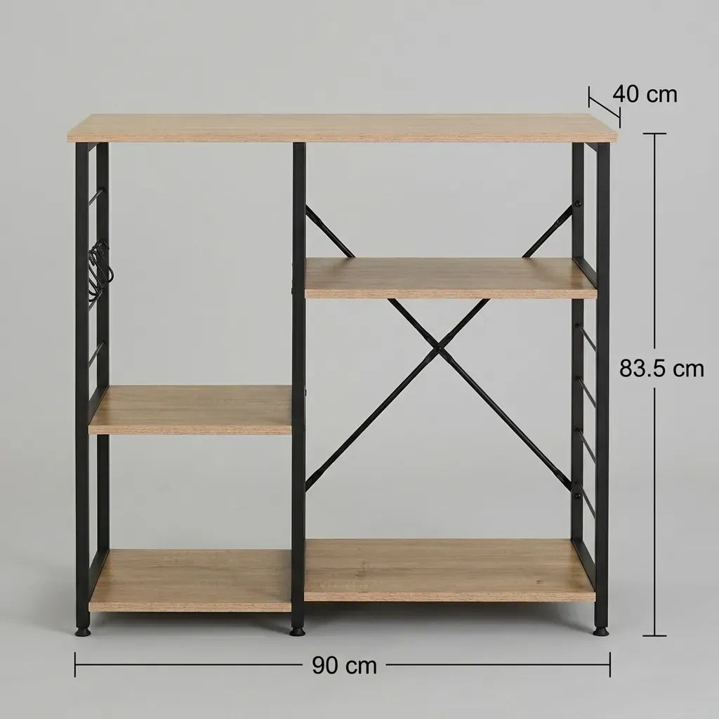 Kitchen Baker's Rack 4 Tier - Metal Shelf with Hooks - Brown - Kitchen Rack