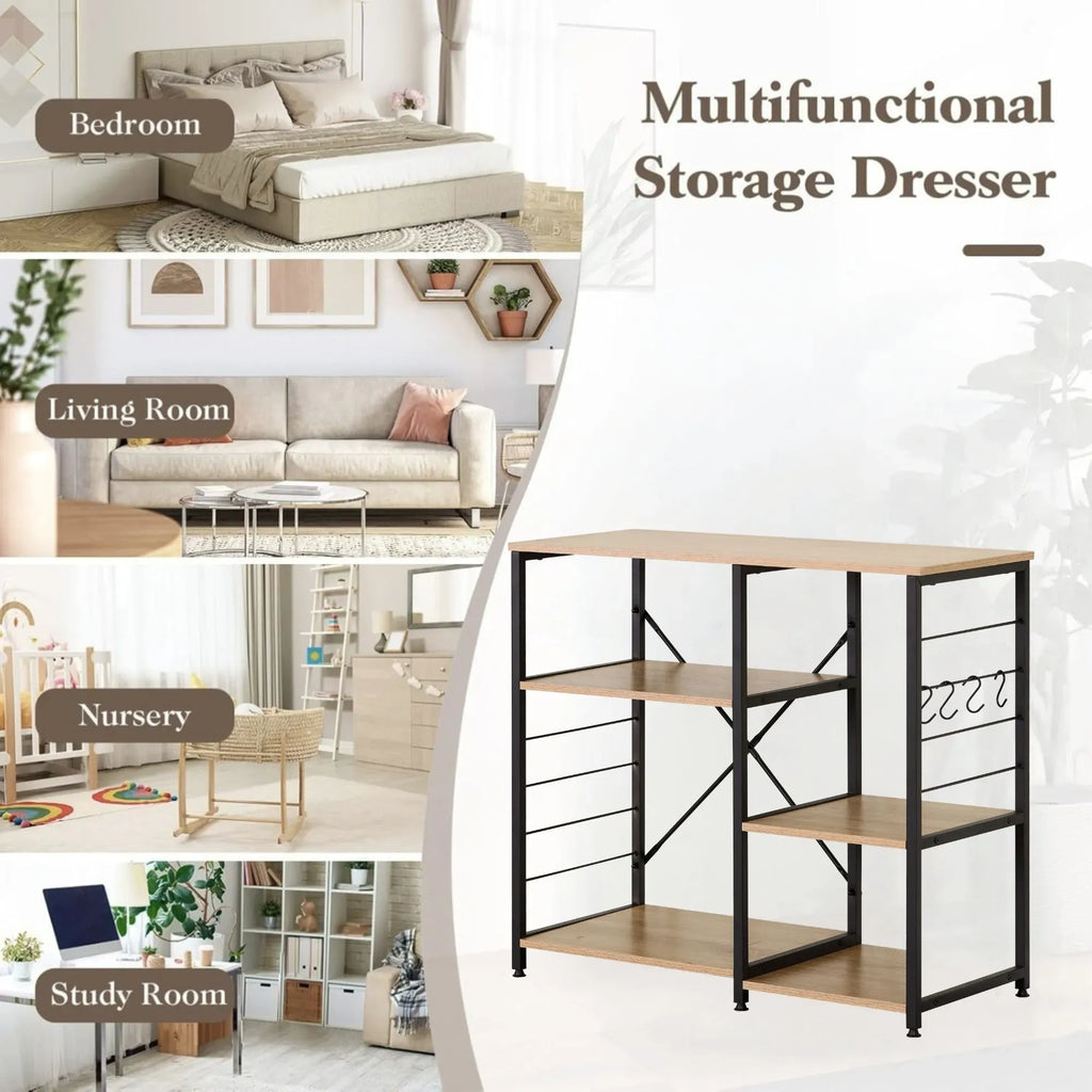 Kitchen Baker's Rack 4 Tier - Metal Shelf with Hooks - Brown - Kitchen Rack
