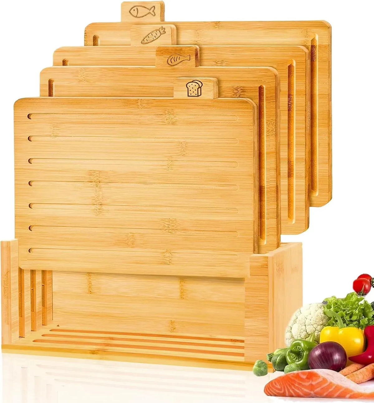 Bamboo Cutting Board Set with Stand, 4 Pieces for Kitchen