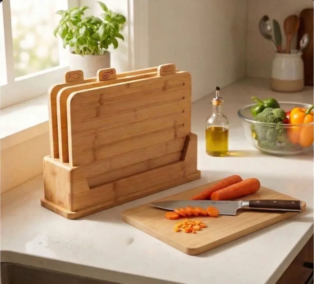 Bamboo Cutting Board Set with Stand, 4 Pieces for Kitchen