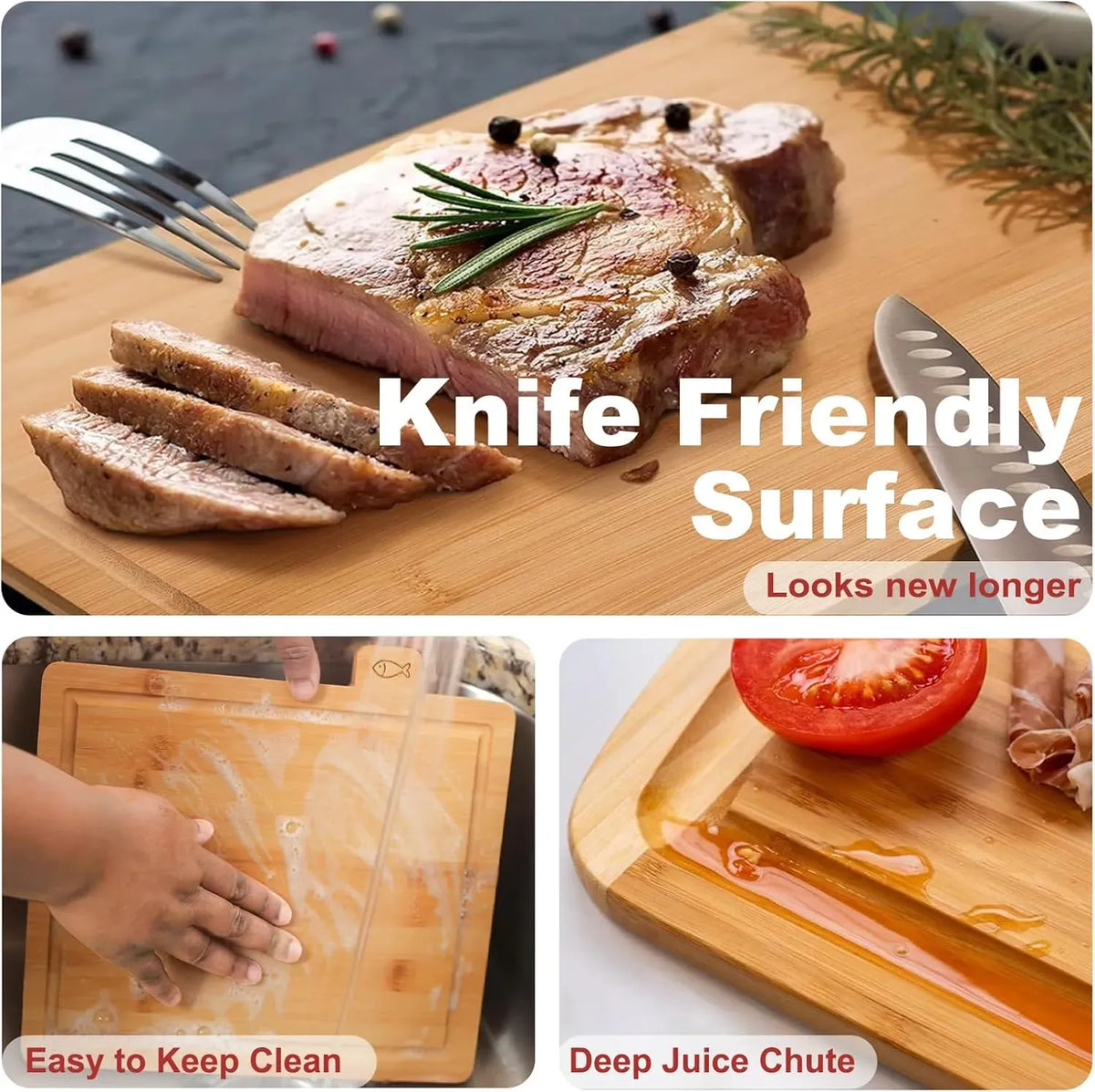 Bamboo Cutting Board Set with Stand, 4 Pieces for Kitchen