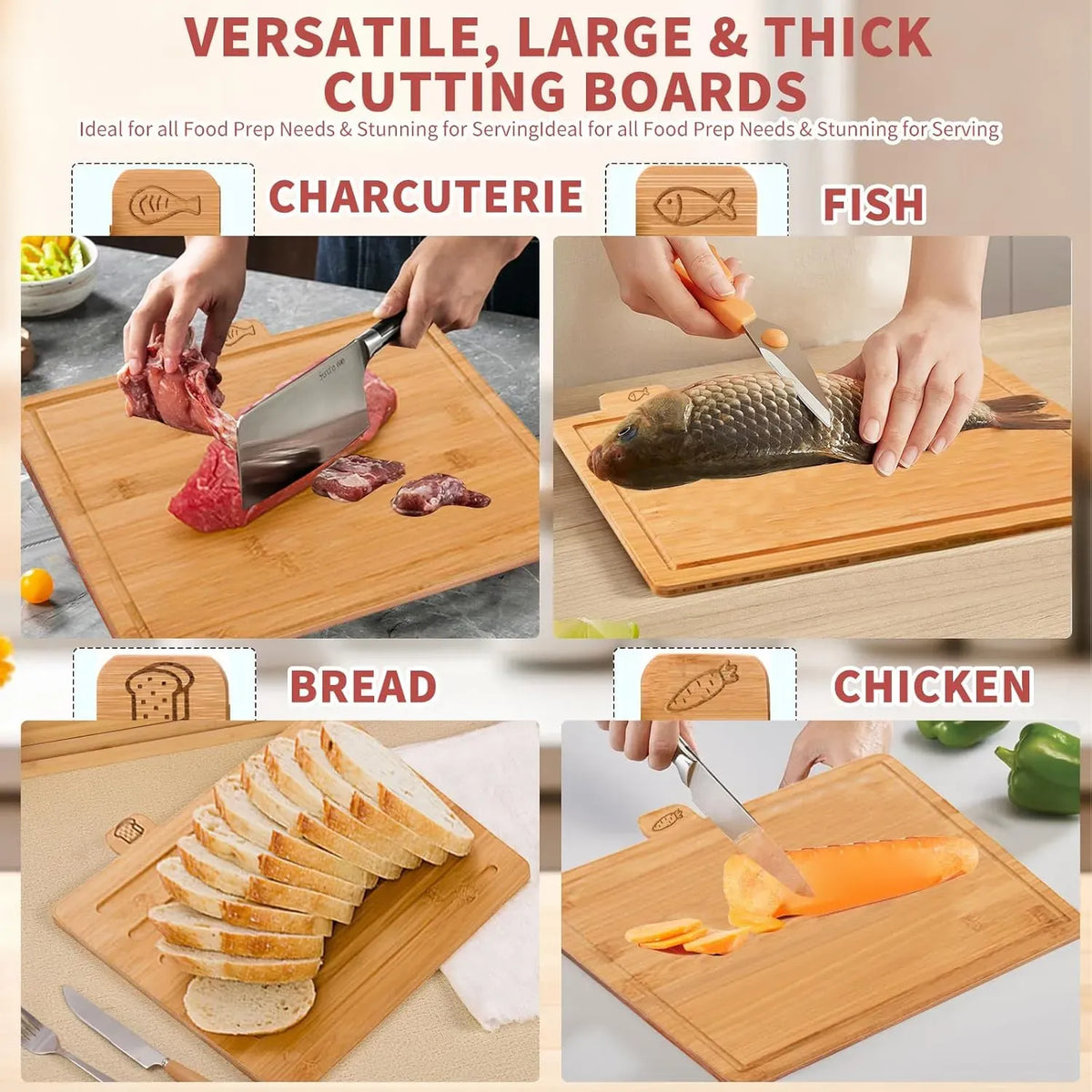 Bamboo Cutting Board Set with Stand, 4 Pieces for Kitchen