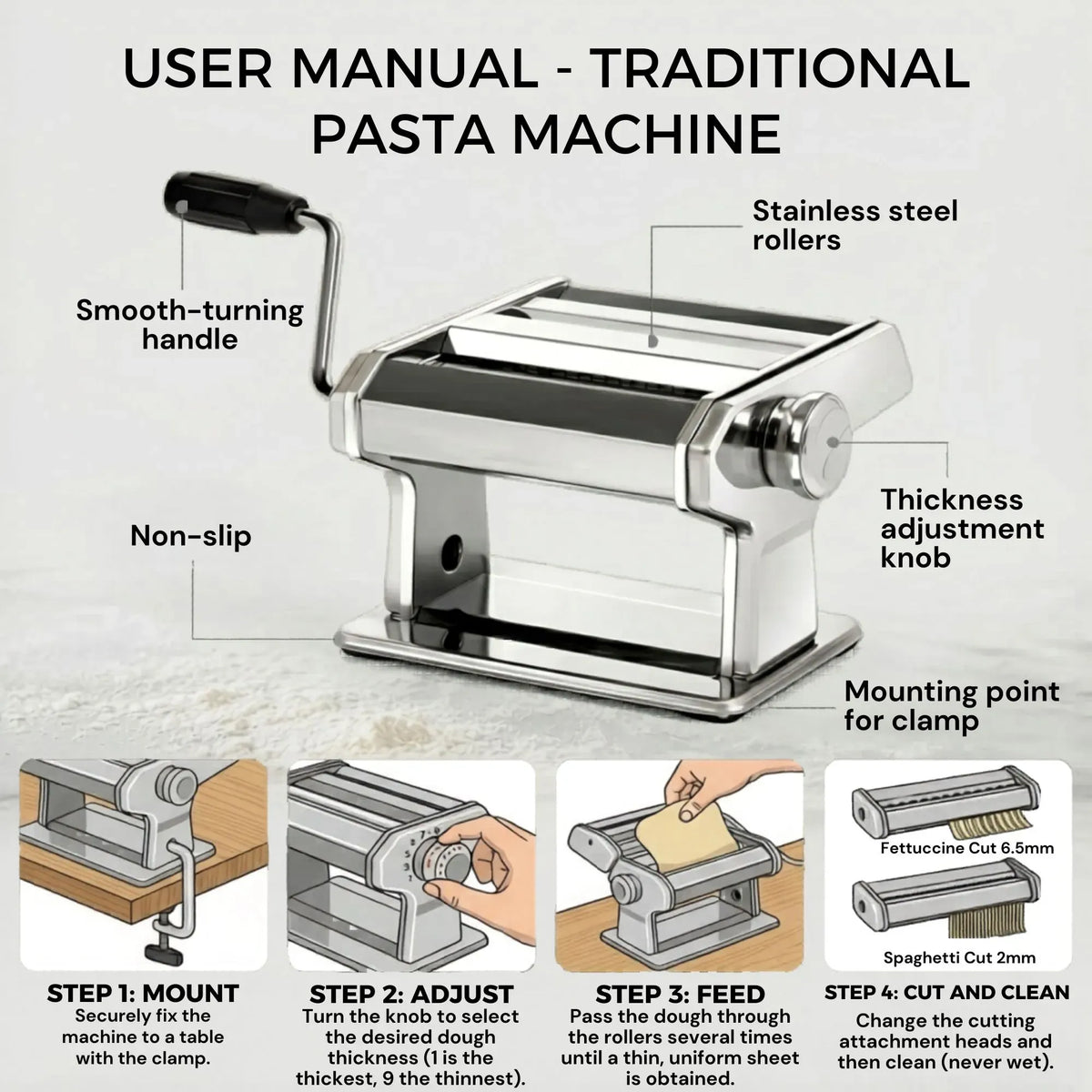 Pasta Maker Machine - Hand Crank Noodle Maker - Grey - Kitchen Appliances Pasta Makers