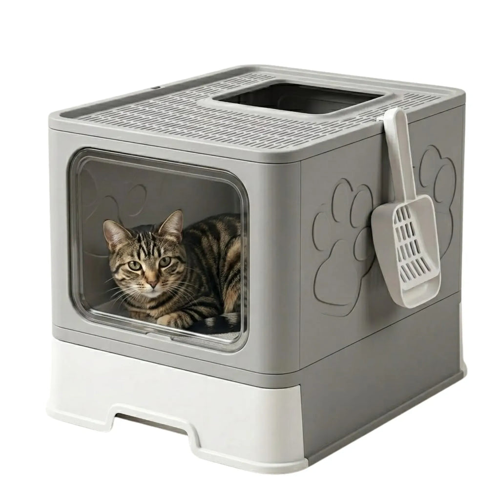 Foldable Enclosed Cat Litter Box with Scoop – Grey