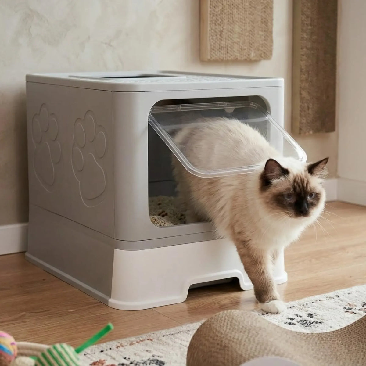 Foldable Enclosed Cat Litter Box with Scoop – Grey