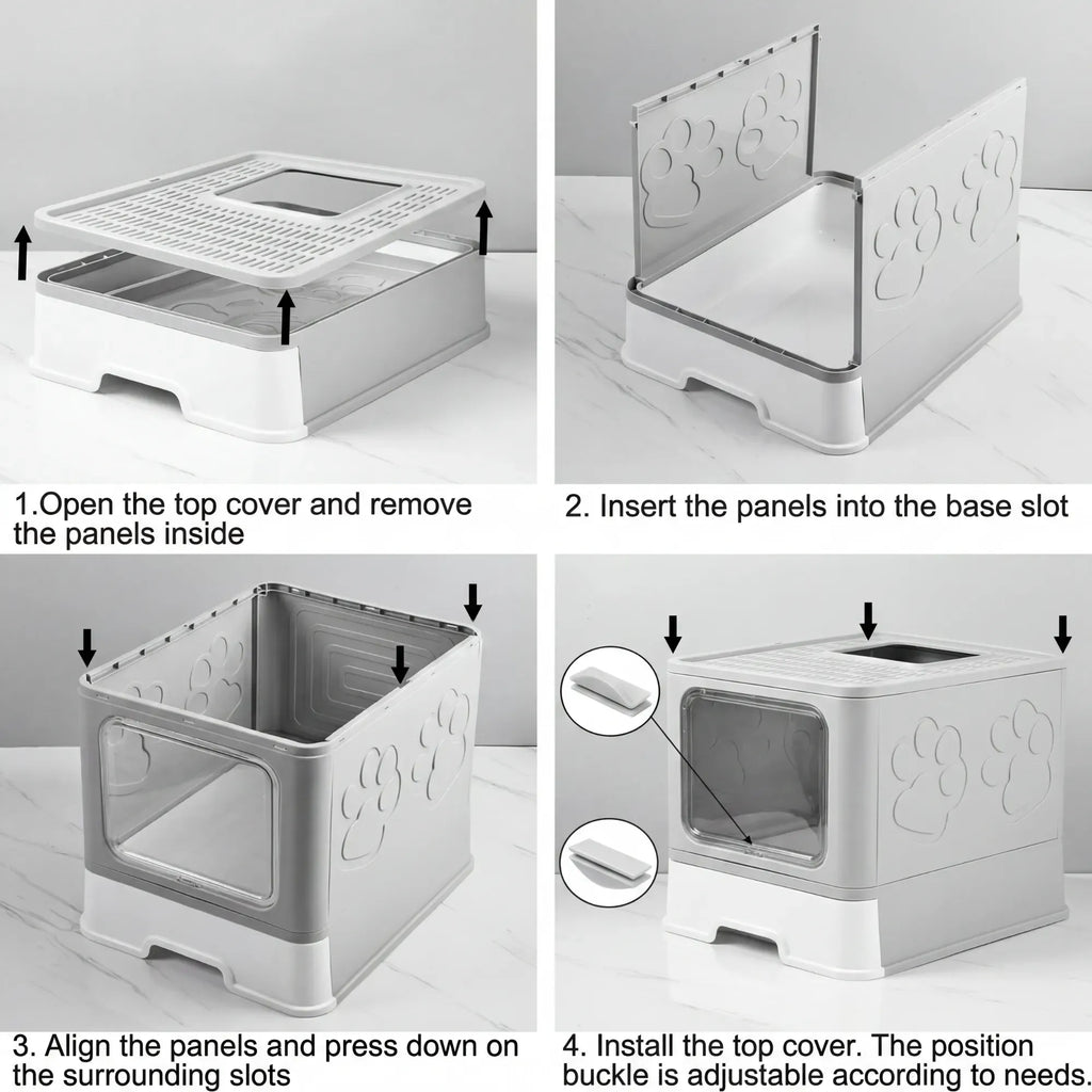 Foldable Enclosed Cat Litter Box with Scoop – Grey