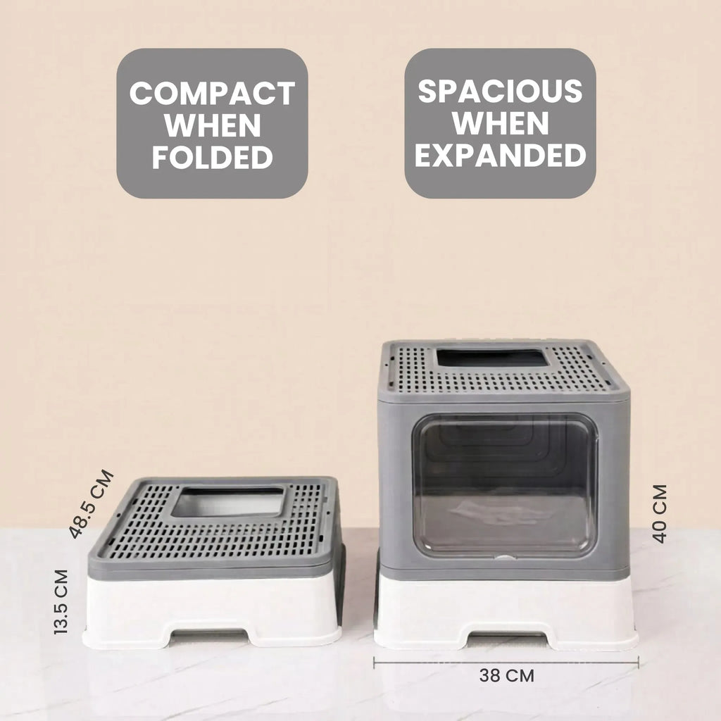 Foldable Enclosed Cat Litter Box with Scoop – Grey
