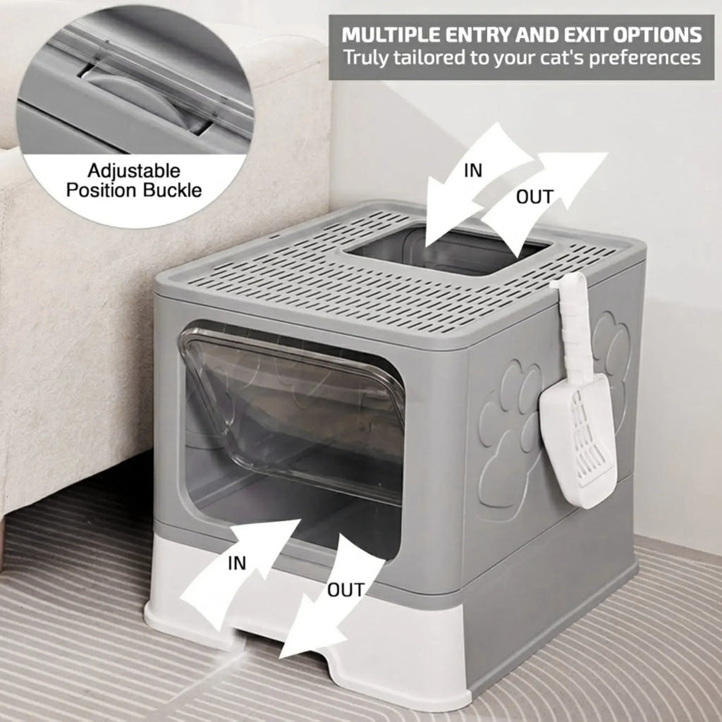 Foldable Enclosed Cat Litter Box with Scoop – Grey