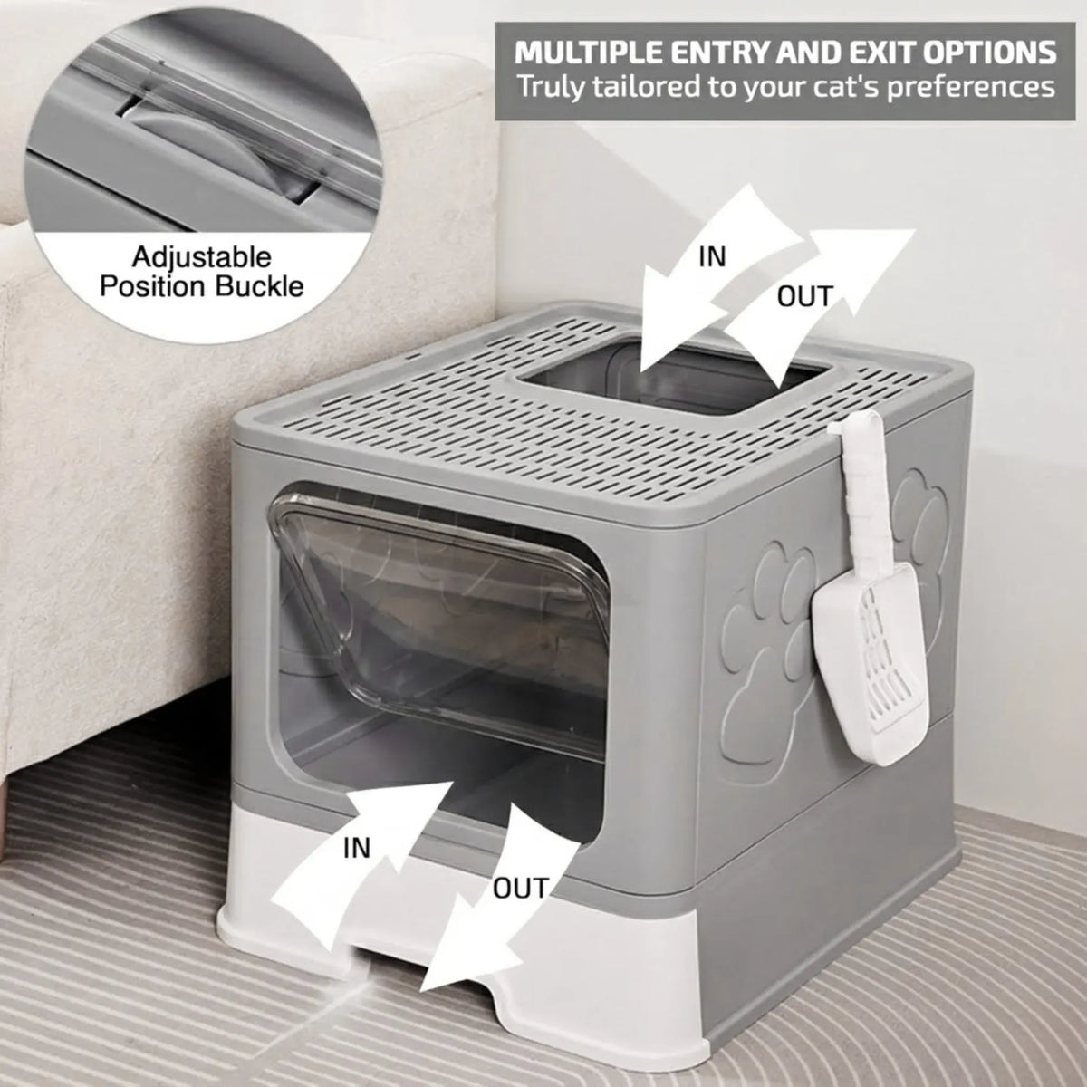Foldable Enclosed Cat Litter Box with Scoop – Grey