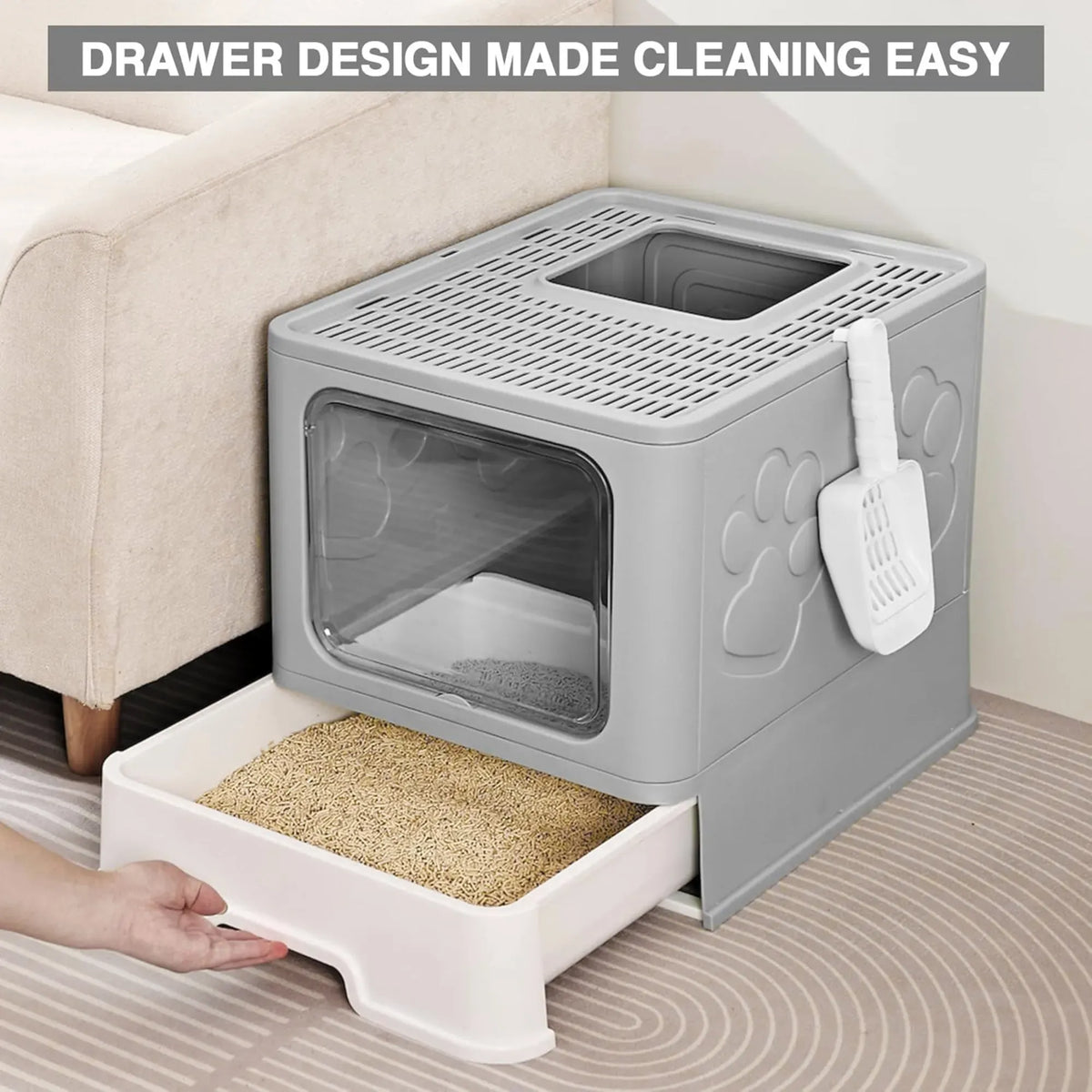 Foldable Enclosed Cat Litter Box with Scoop – Grey