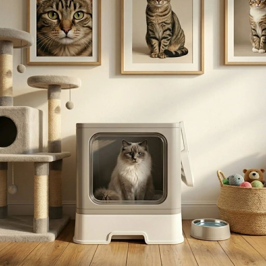 Foldable Enclosed Cat Litter Box with Scoop – Grey