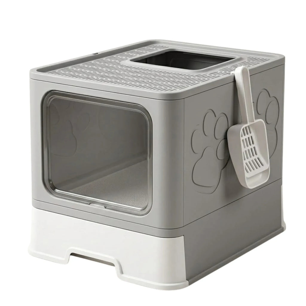 Foldable Enclosed Cat Litter Box with Scoop – Grey