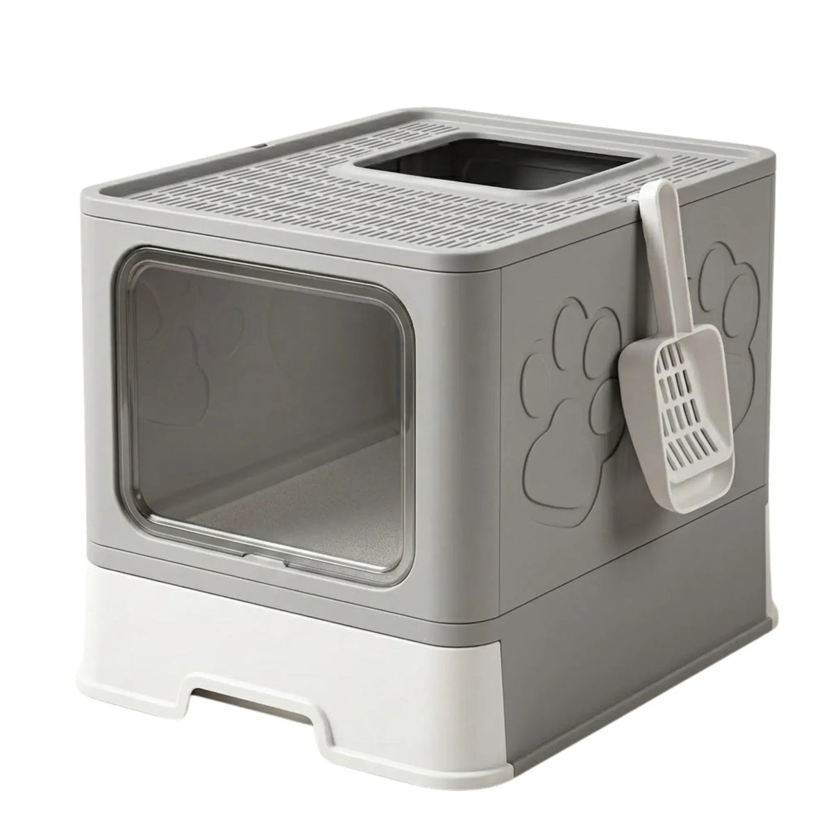 Foldable Enclosed Cat Litter Box with Scoop – Grey