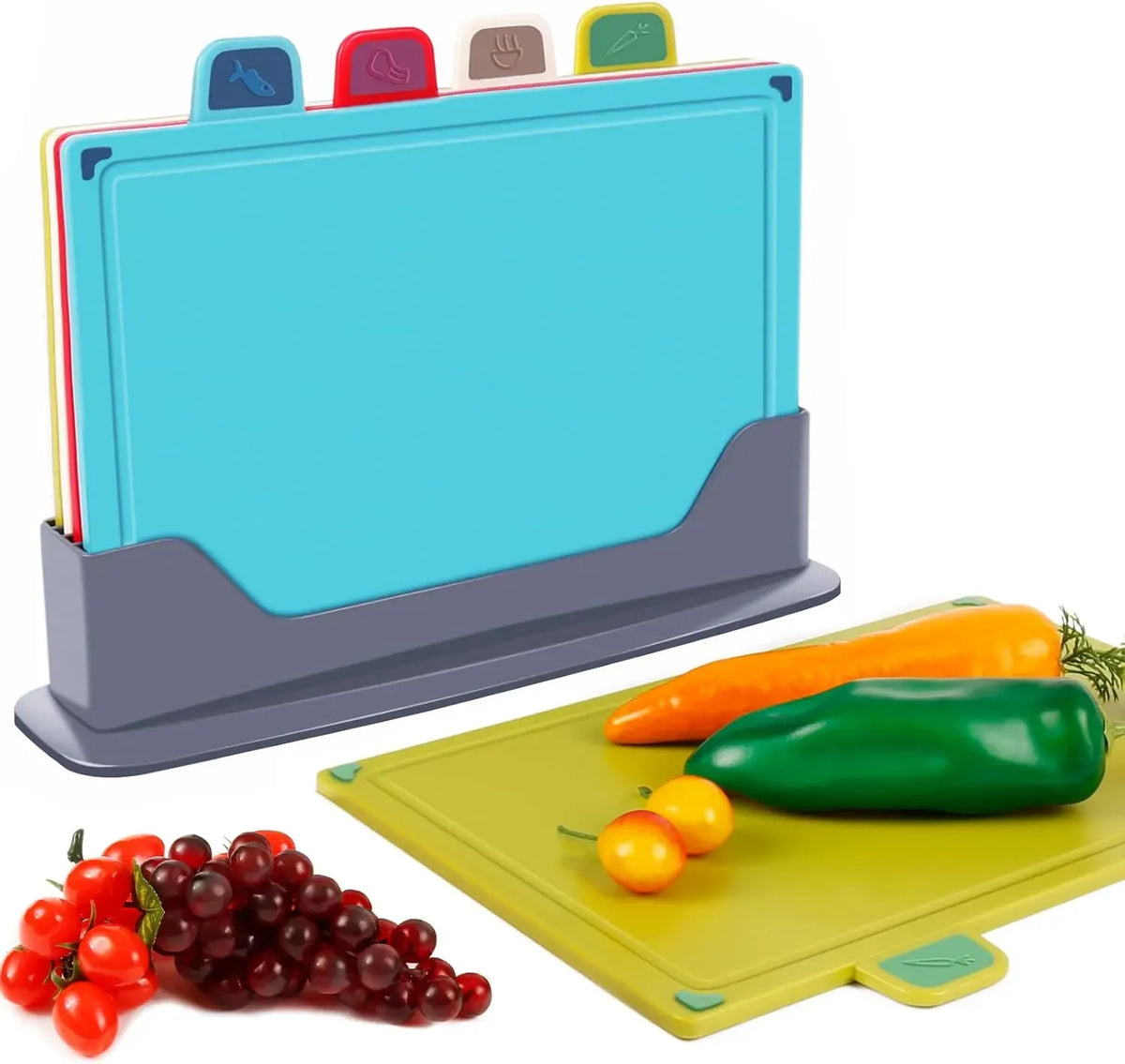 4 Pcs Colour Coded Cutting Board Set with Stand for Kitchen Organisation