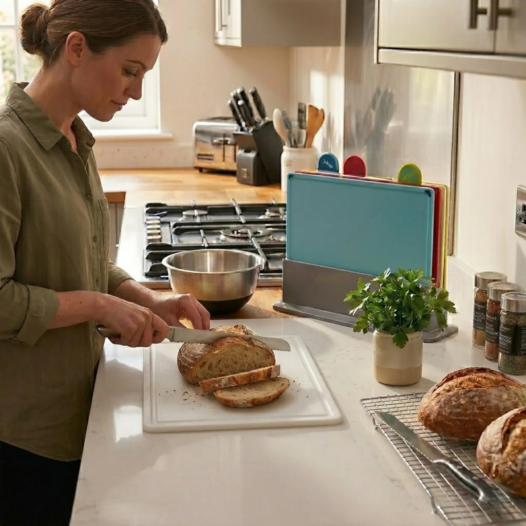 4 Pcs Colour Coded Cutting Board Set with Stand for Kitchen Organisation