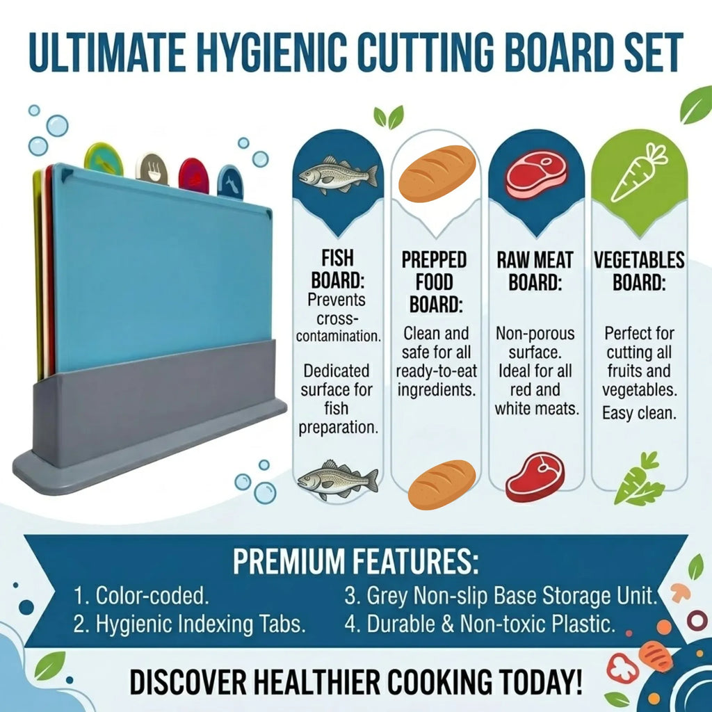 4 Pcs Colour Coded Cutting Board Set with Stand for Kitchen Organisation