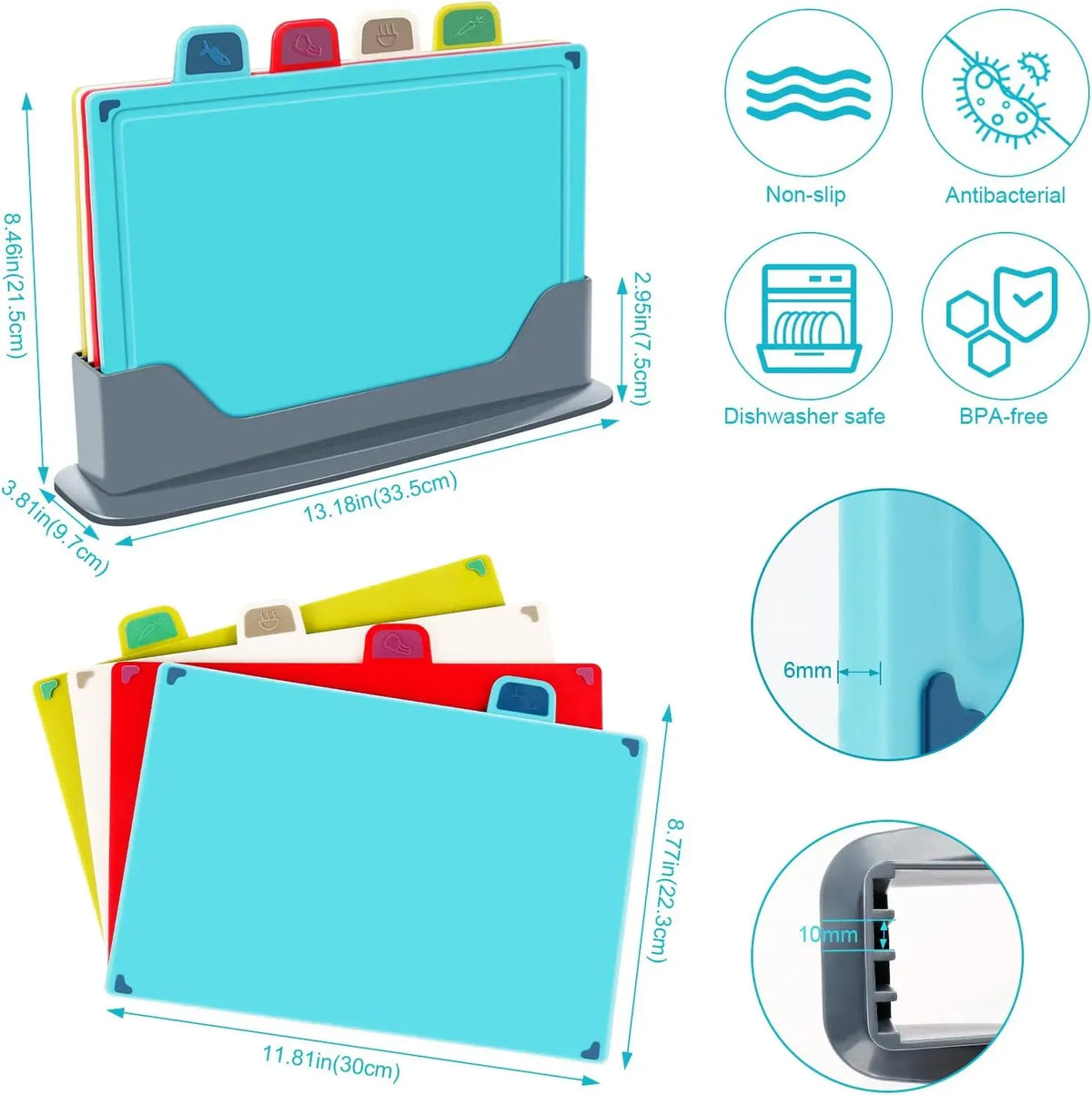 4 Pcs Colour Coded Cutting Board Set with Stand for Kitchen Organisation