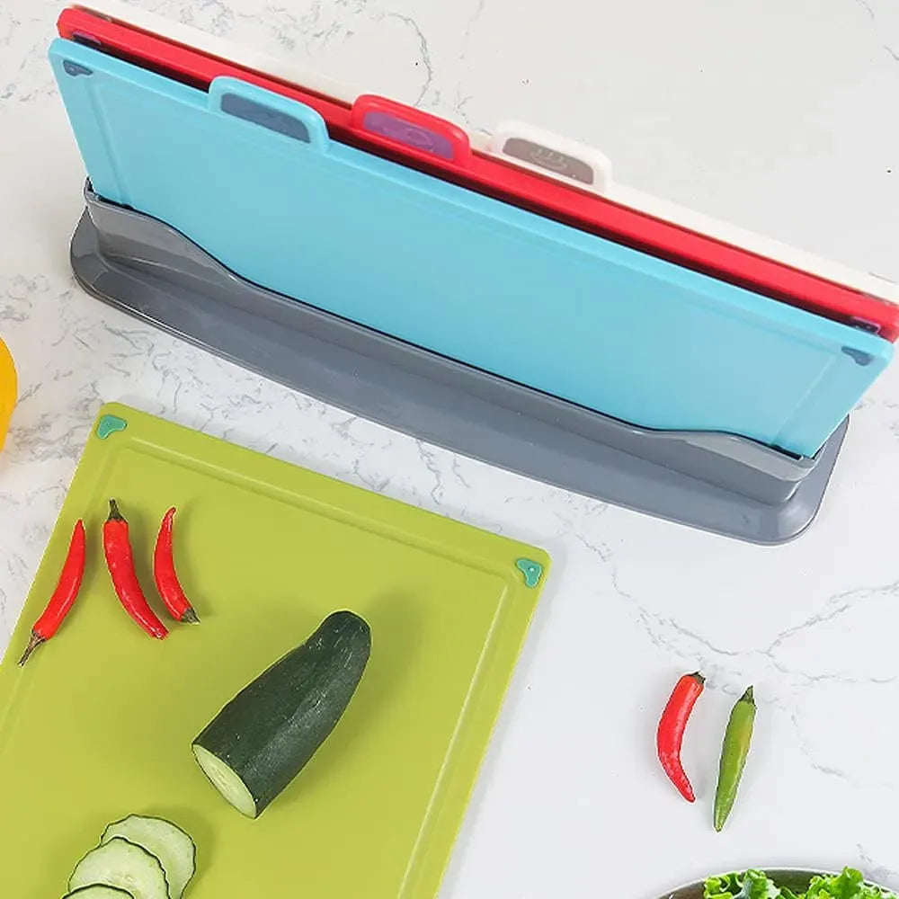 4 Pcs Colour Coded Cutting Board Set with Stand for Kitchen Organisation