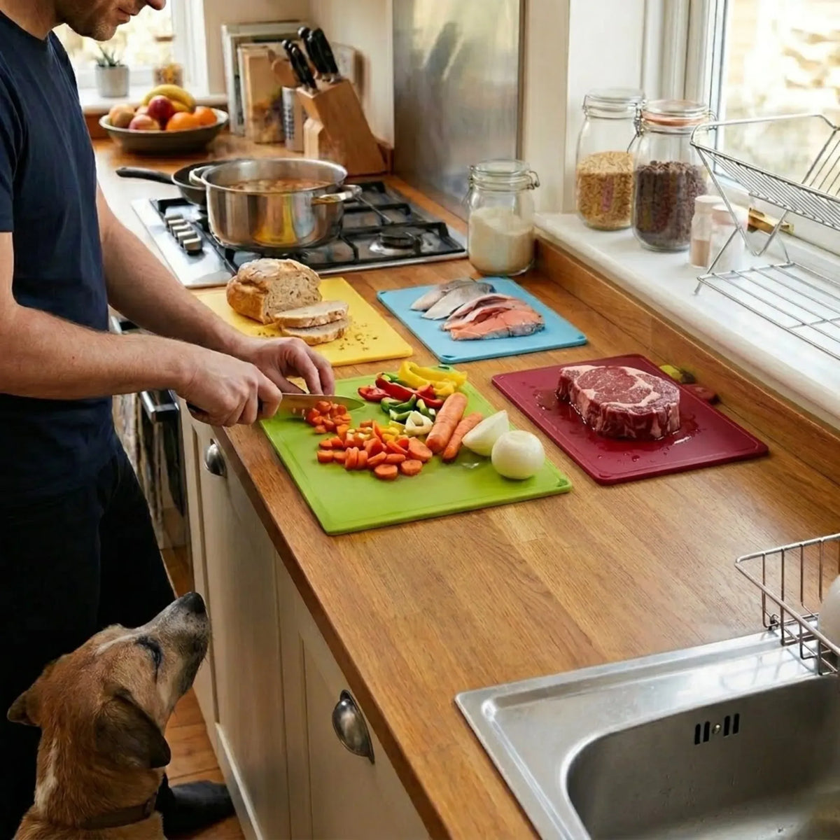 4 Pcs Colour Coded Cutting Board Set with Stand for Kitchen Organisation