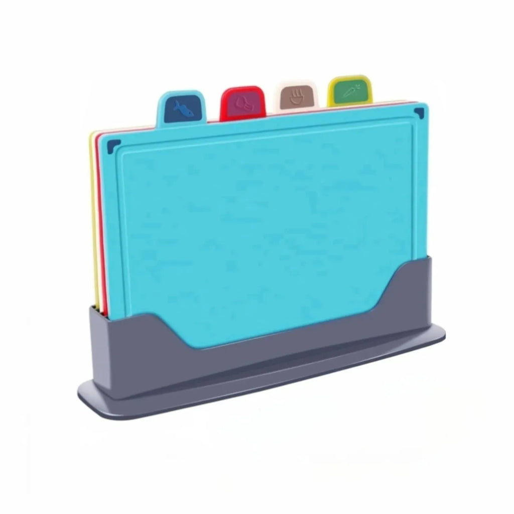 4 Pcs Colour Coded Cutting Board Set with Stand for Kitchen Organisation