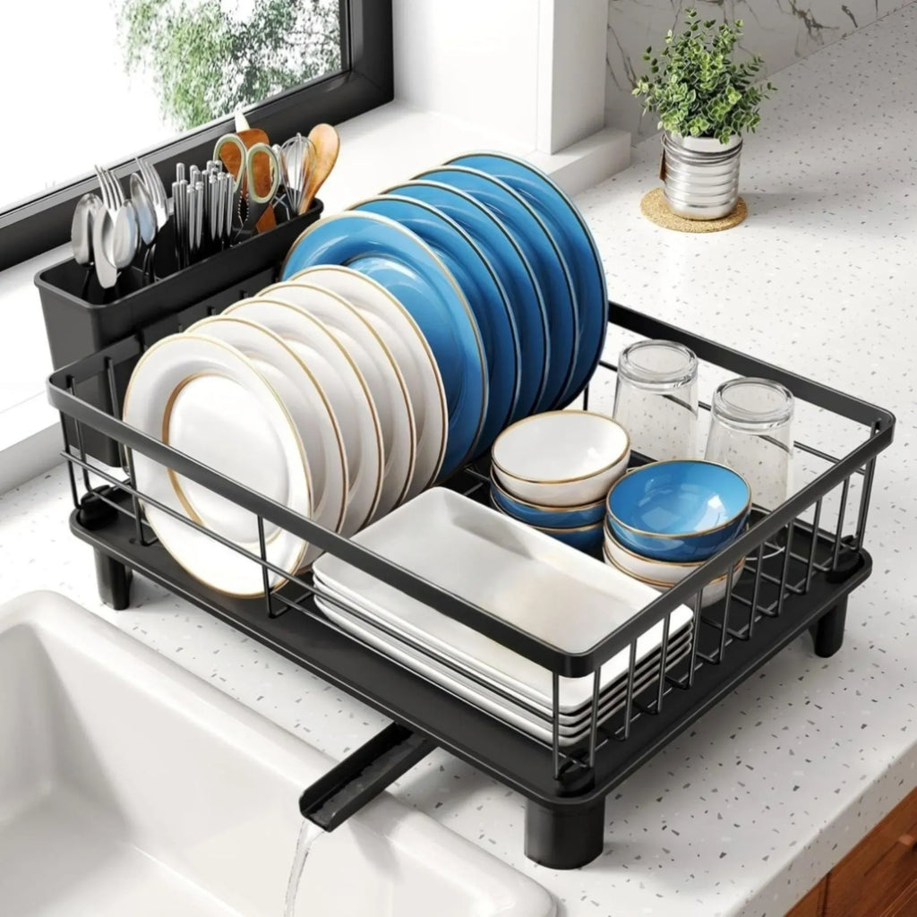 Dish Drying Rack with Drainboard & Utensil Holder for Kitchen (Black)
