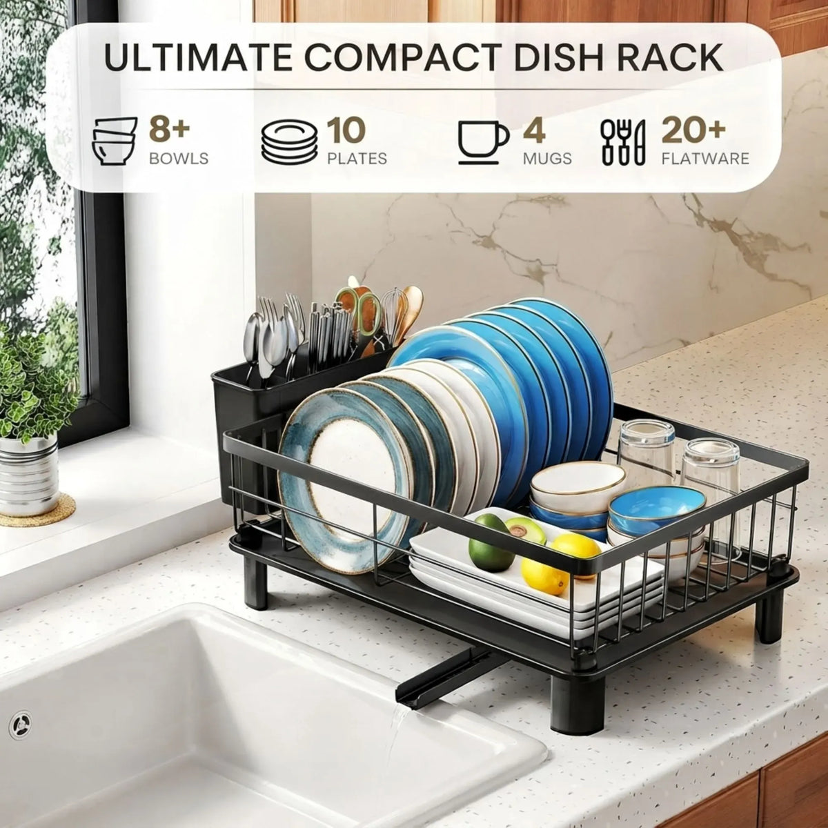 Dish Drying Rack with Drainboard & Utensil Holder for Kitchen (Black)