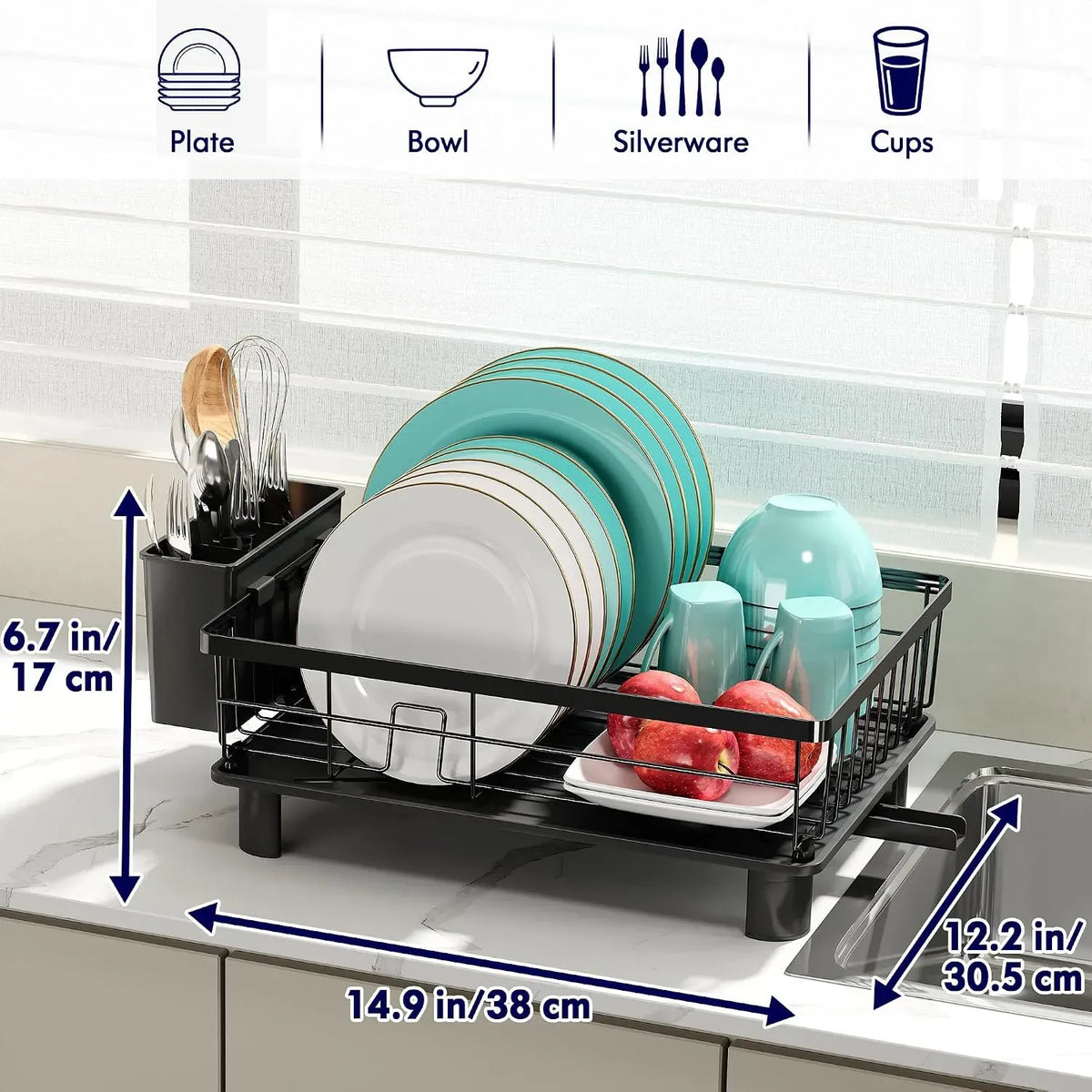 Dish Drying Rack with Drainboard & Utensil Holder for Kitchen (Black)