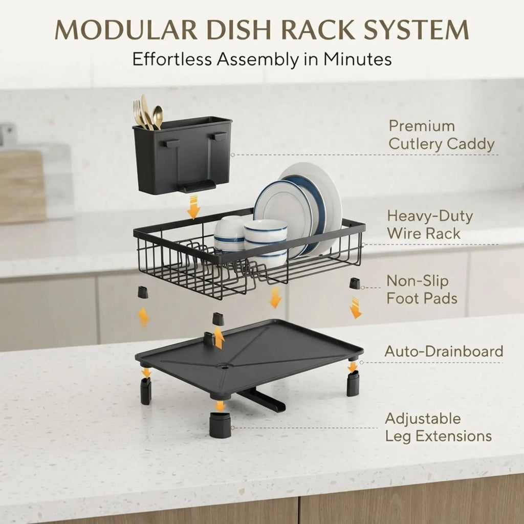 Dish Drying Rack with Drainboard & Utensil Holder for Kitchen (Black)