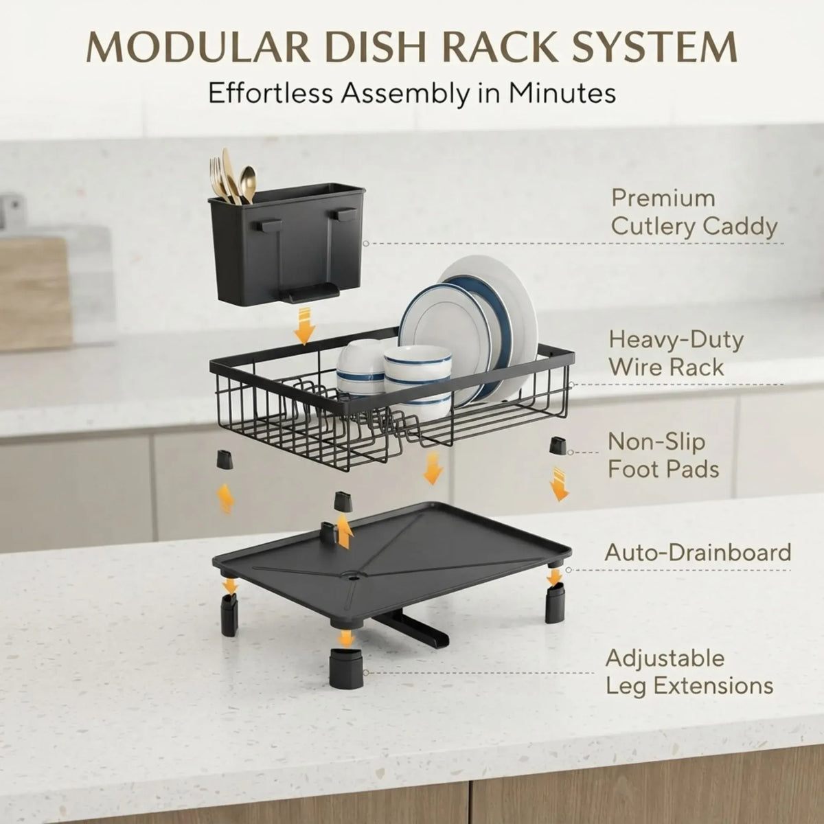 Dish Drying Rack with Drainboard & Utensil Holder for Kitchen (Black)