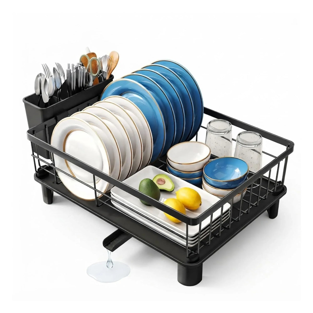Dish Drying Rack with Drainboard & Utensil Holder for Kitchen (Black)