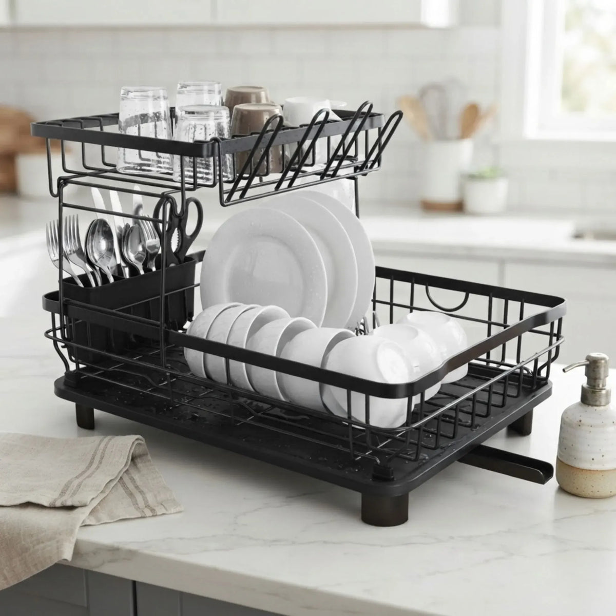 2 tier Dish Drying Rack with Drainboard & Utensil Holder for Kitchen (Black)