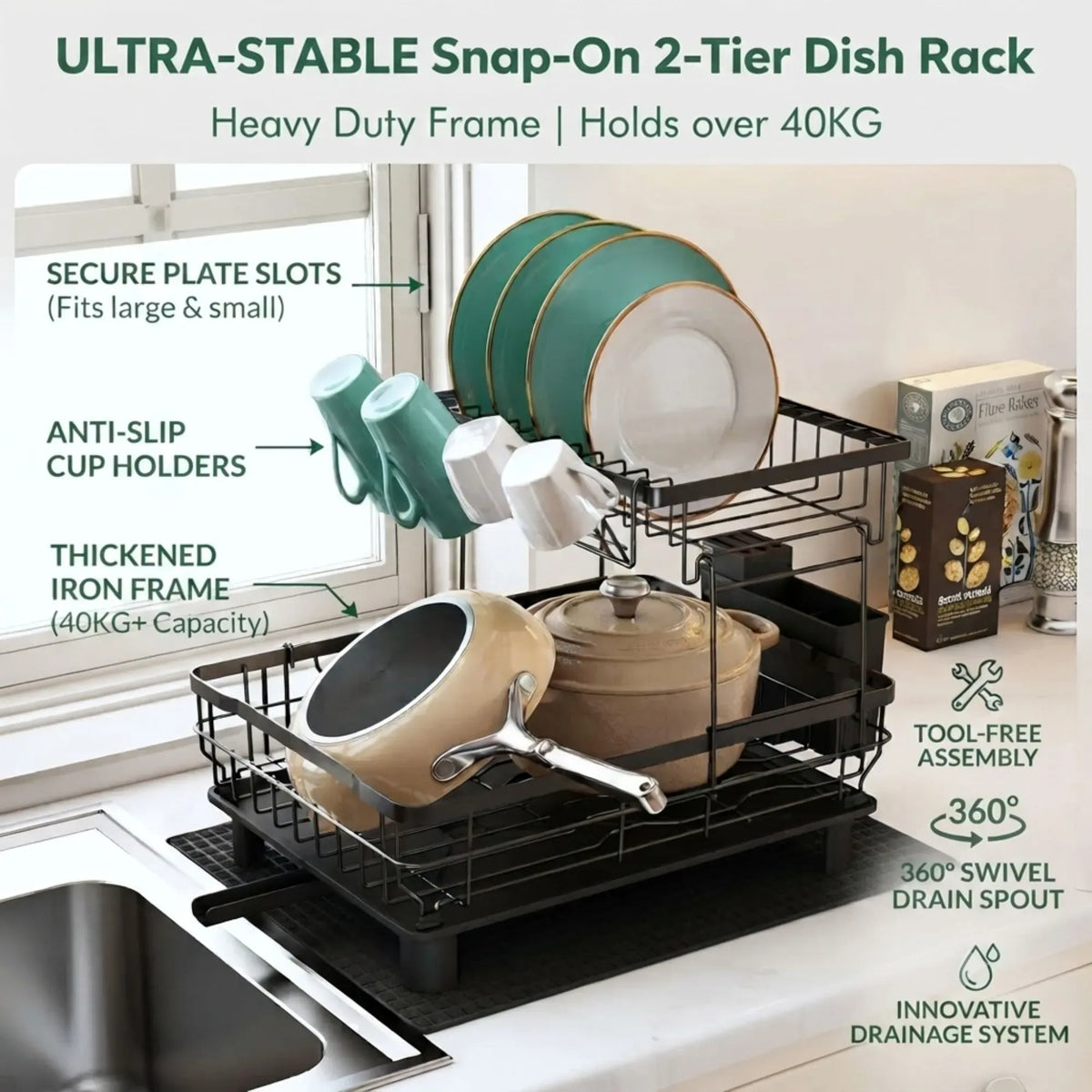 2 tier Dish Drying Rack with Drainboard & Utensil Holder for Kitchen (Black)