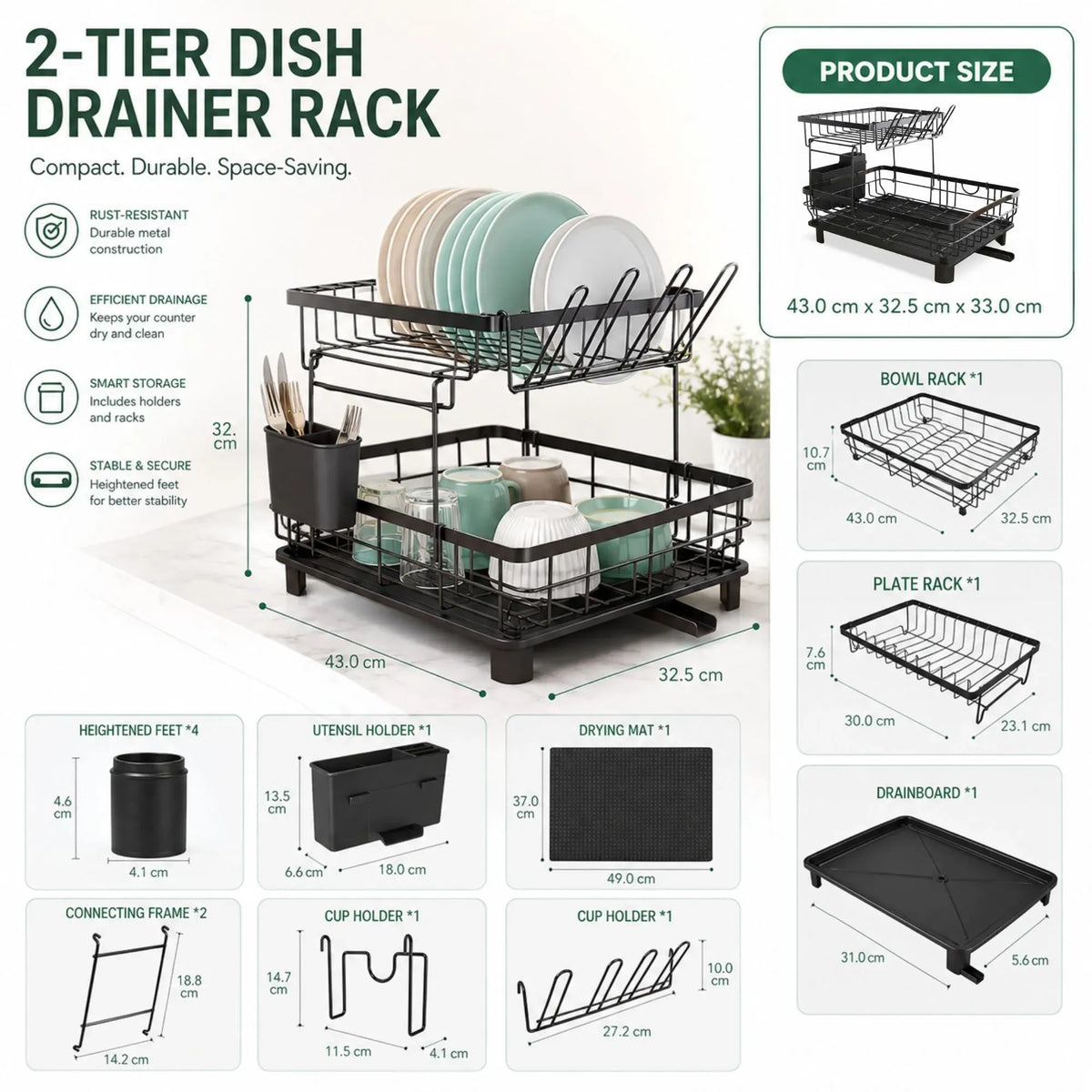 2 tier Dish Drying Rack with Drainboard & Utensil Holder for Kitchen (Black)