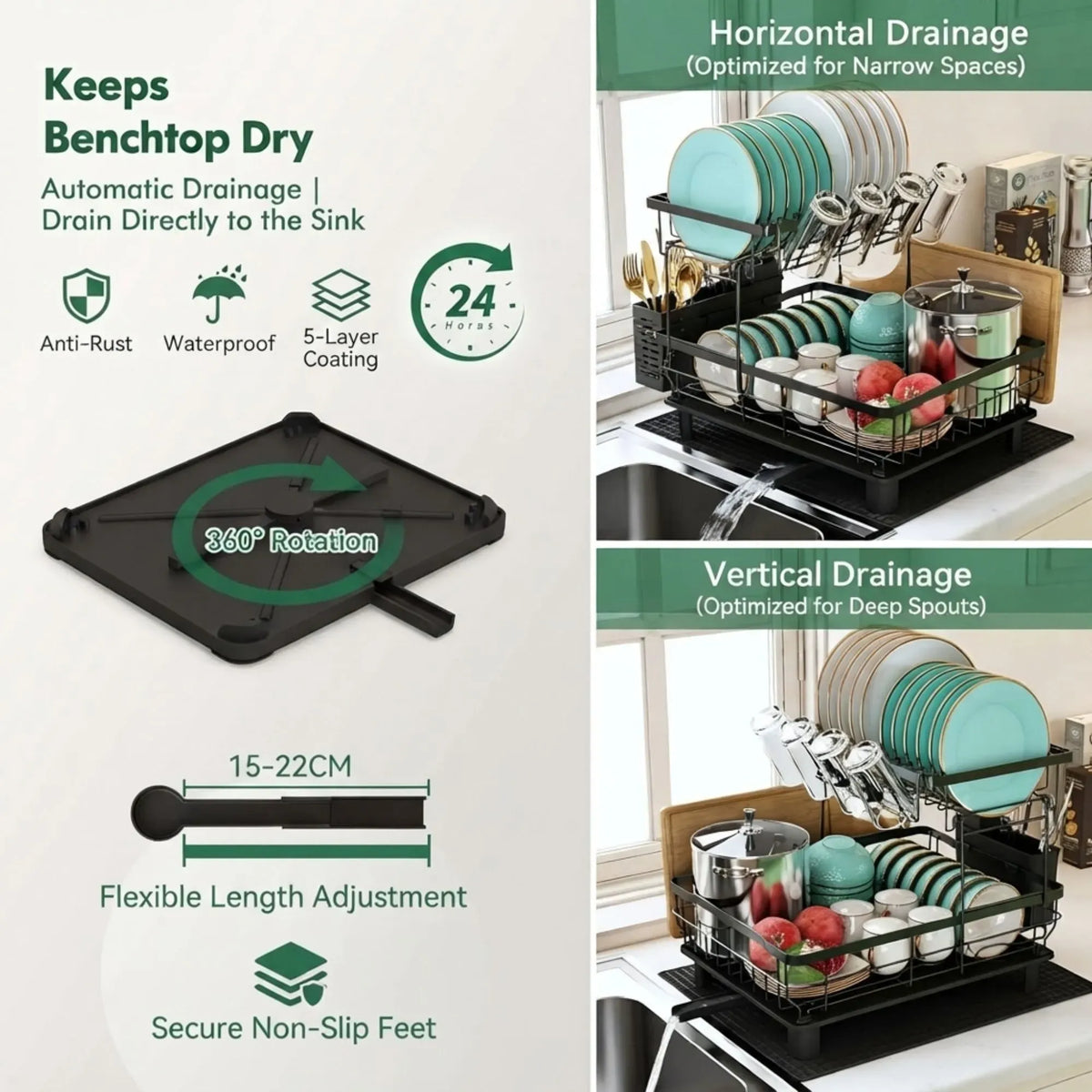 2 tier Dish Drying Rack with Drainboard & Utensil Holder for Kitchen (Black)