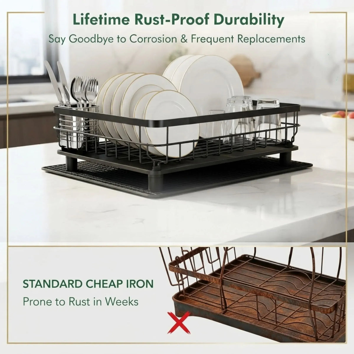 2 tier Dish Drying Rack with Drainboard & Utensil Holder for Kitchen (Black)