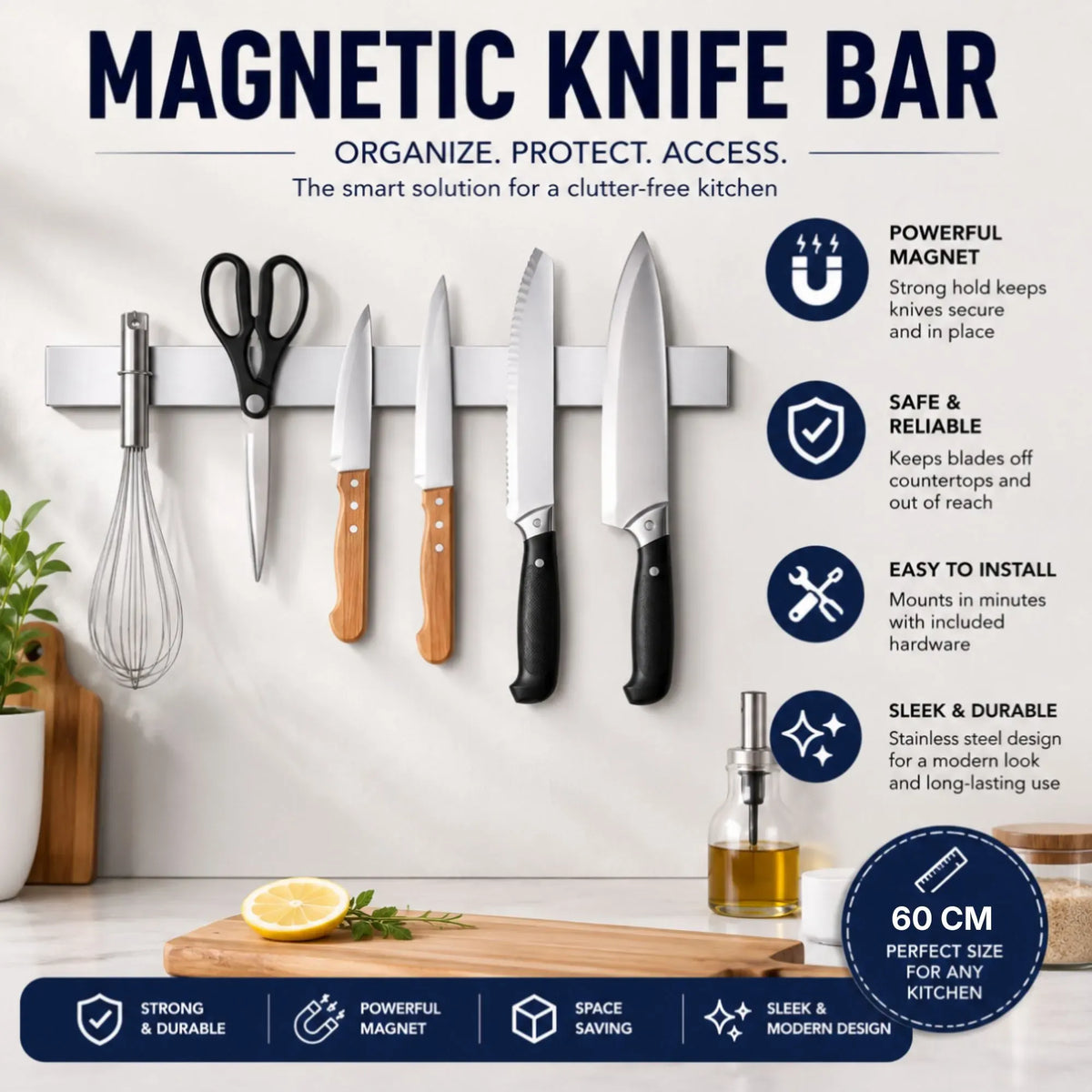 Magnetic Knife Strip 60cm, Premium Stainless Steel Wall Rack Kitchen