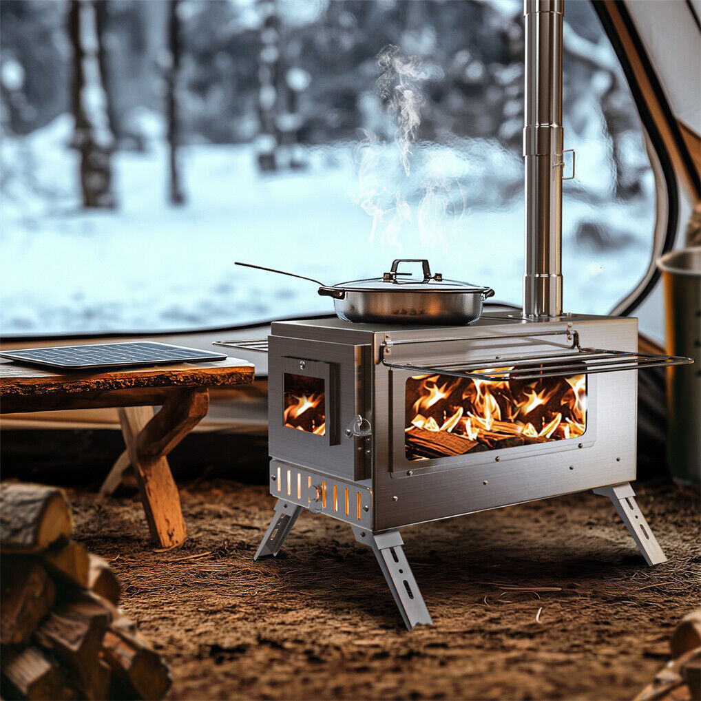 Stainless Steel Wood Burner Stove for Camping w/ Chimney & Bag