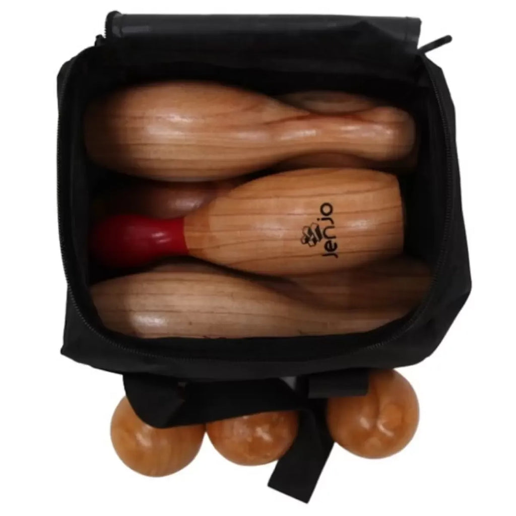 Natural Wooden Skittles Game Set with Carry Bag - 9 Hardwood Skittles (22cm) and 3 Wooden