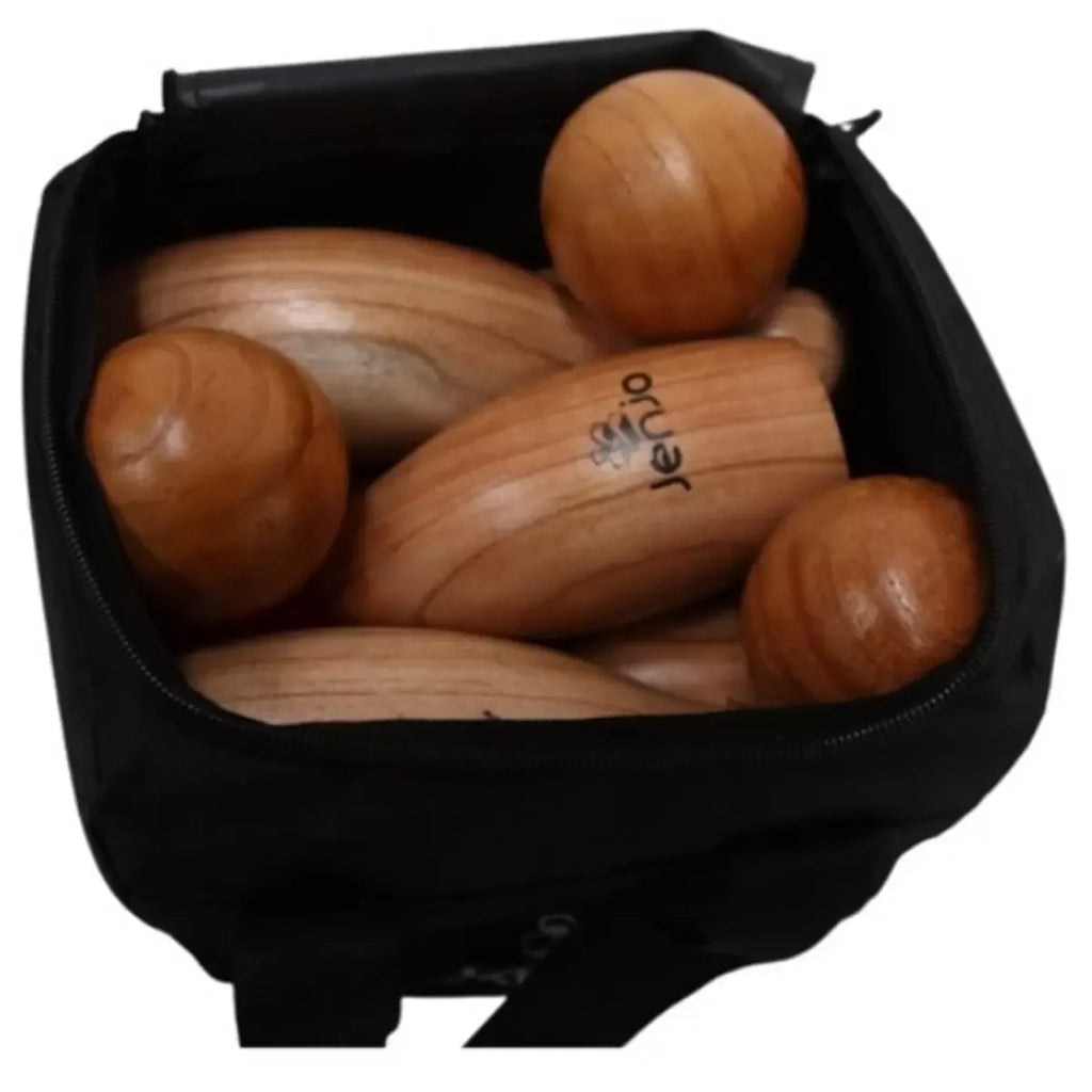 Natural Wooden Skittles Game Set with Carry Bag - 9 Hardwood Skittles (22cm) and 3 Wooden