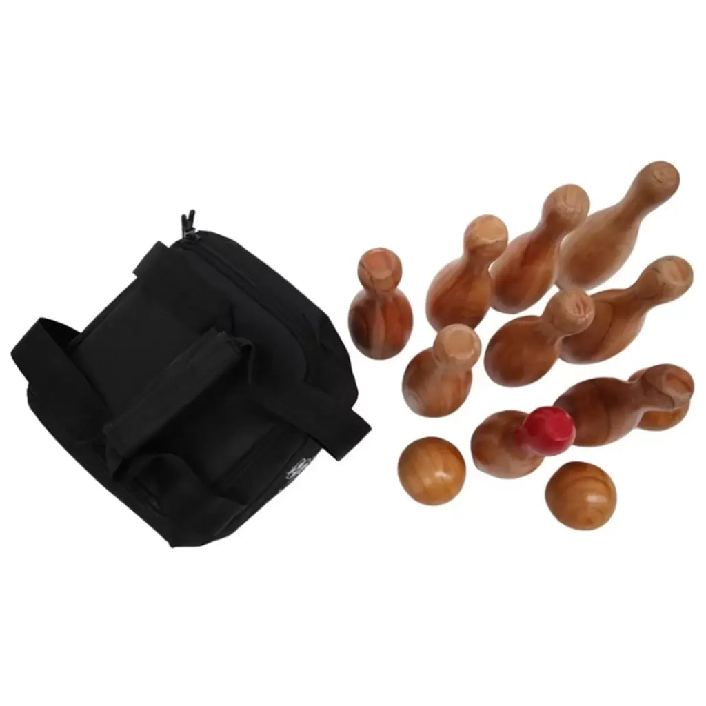 Natural Wooden Skittles Game Set with Carry Bag - 9 Hardwood Skittles (22cm) and 3 Wooden