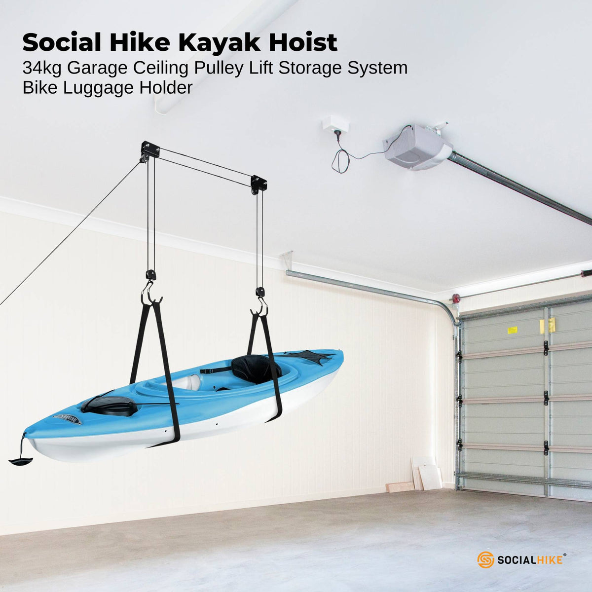 Kayak Hoist - 34kg Garage Ceiling Pulley Lift for Kayak Bike Storage