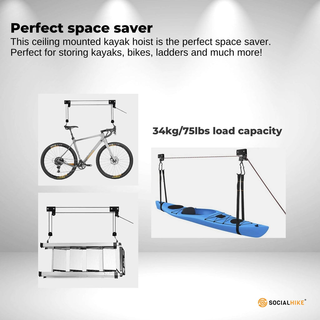 Kayak Hoist - 34kg Garage Ceiling Pulley Lift for Kayak Bike Storage