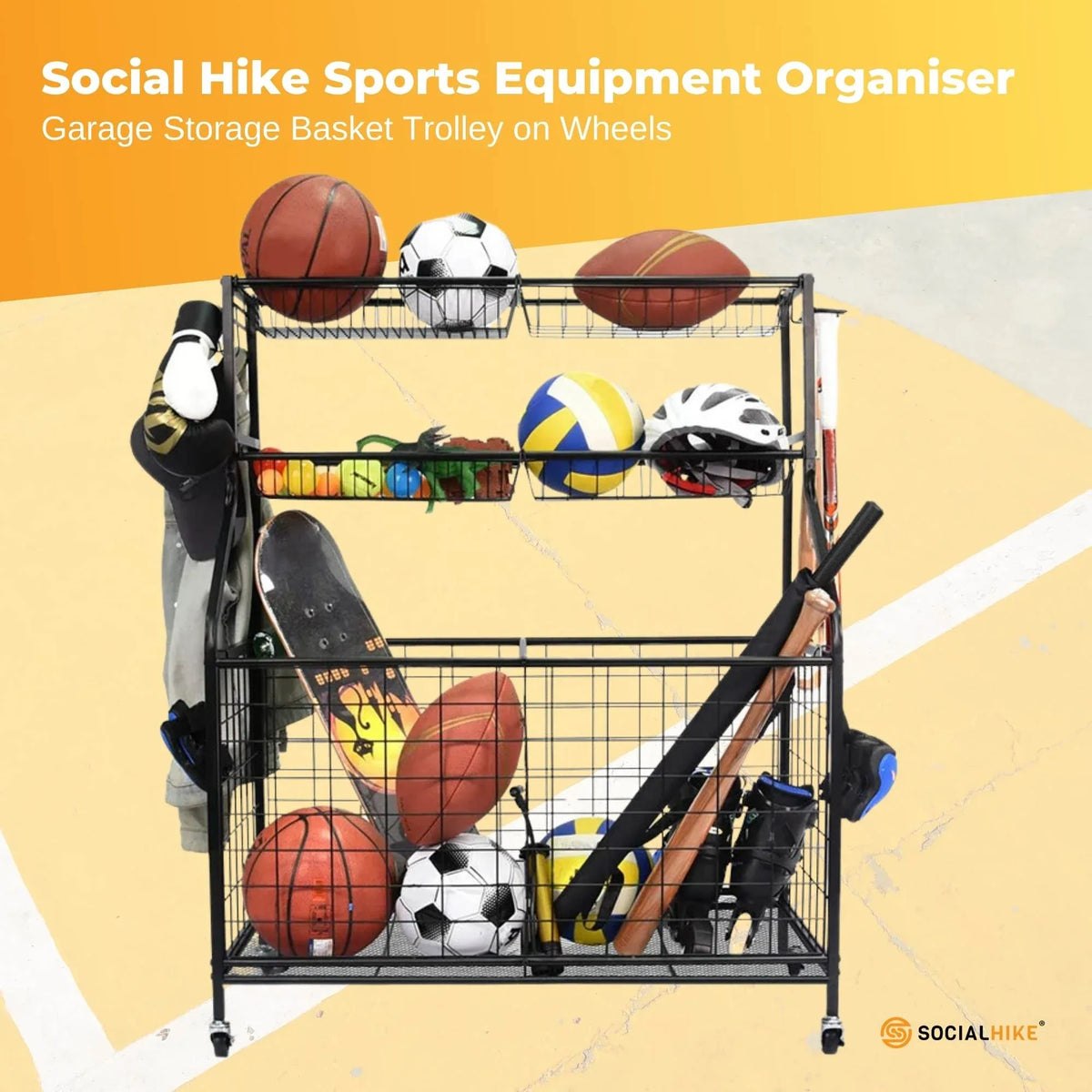 Sports Equipment Storage Organiser Trolley on Wheels for Garage