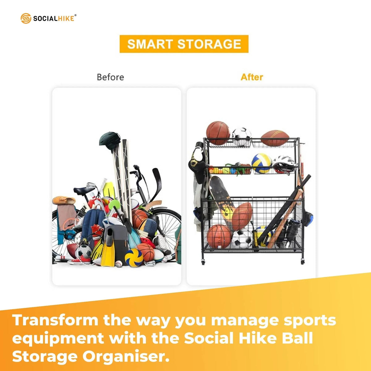 Sports Equipment Storage Organiser Trolley on Wheels for Garage