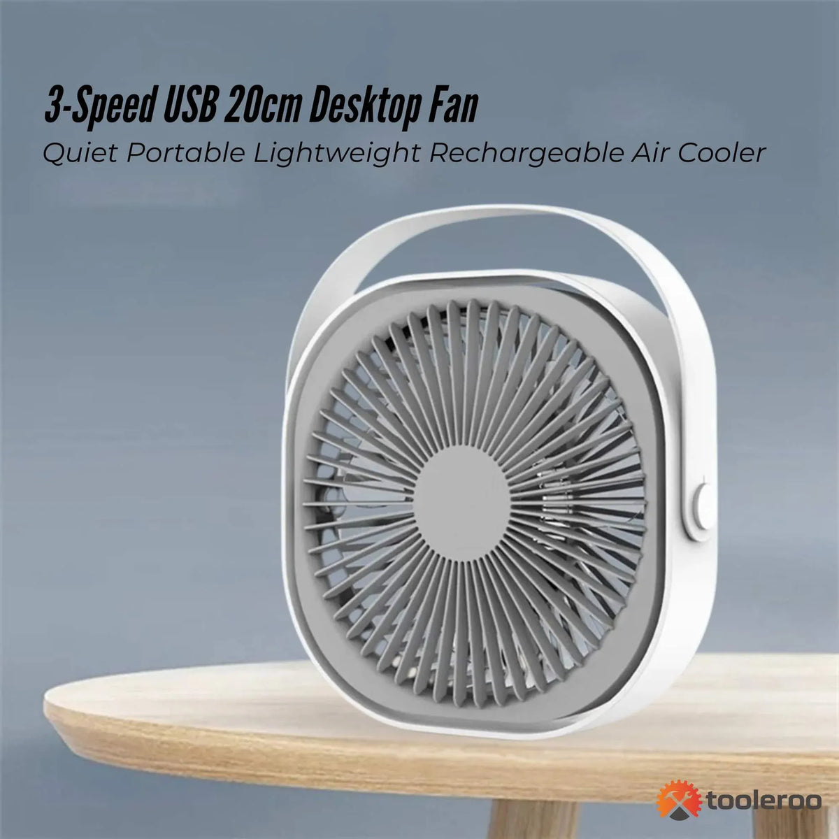 Tooleroo3-Speed USB 20cm Desktop Fan - Quiet Portable Lightweight Rechargeable Cooler