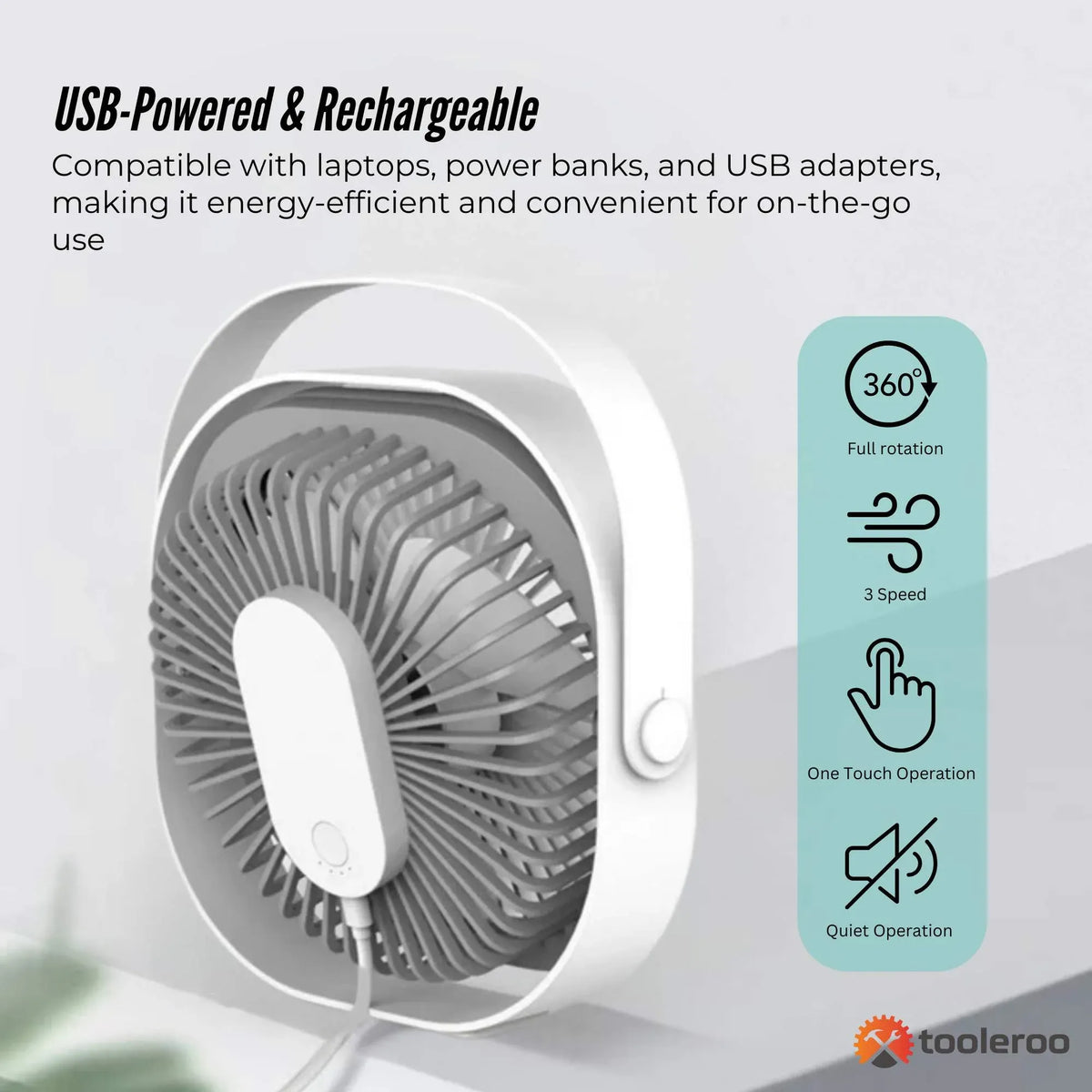 Tooleroo3-Speed USB 20cm Desktop Fan - Quiet Portable Lightweight Rechargeable Cooler