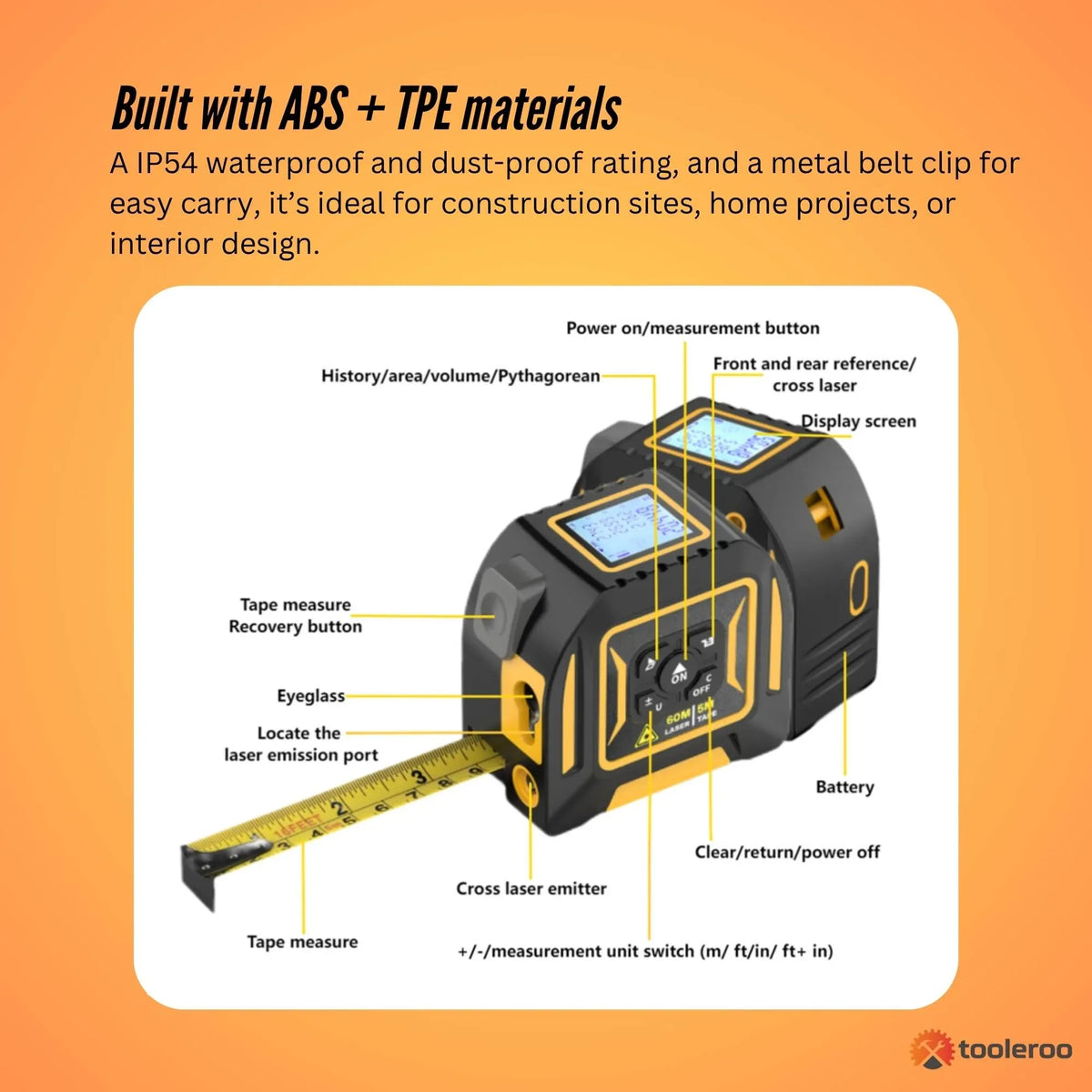 60m Digital Laser Tape Measure 5m Steel Tape 3-in-1 Measuring Tool