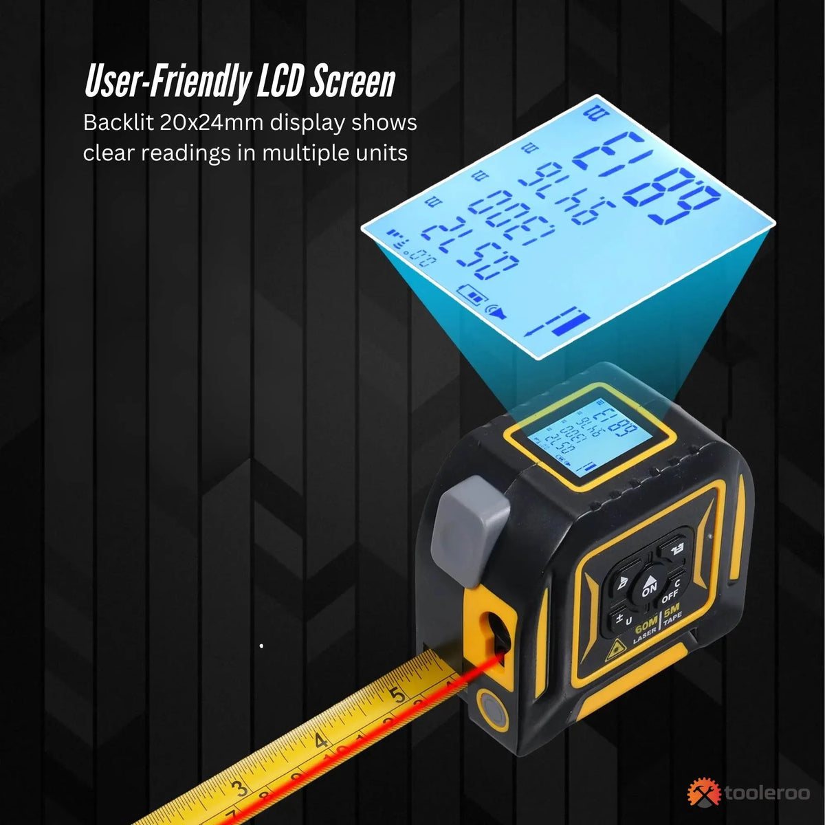 60m Digital Laser Tape Measure 5m Steel Tape 3-in-1 Measuring Tool