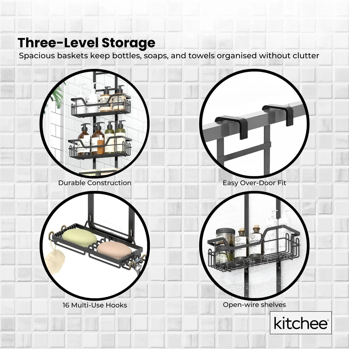 3 Tier Shower Caddy Over Door Bathroom Shelf Storage Rack Black